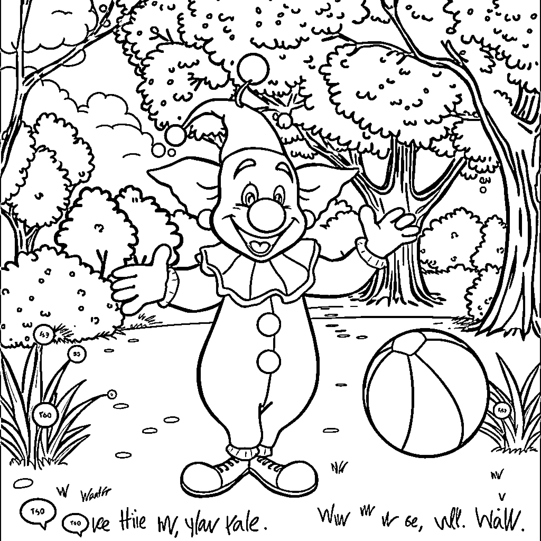Bumba the Clown's Joyful Antics in the Forest Coloring Page (free black-and-white line drawing printable PDF for all, from beginners to advanced learners, including children, teens, adults, and seniors)