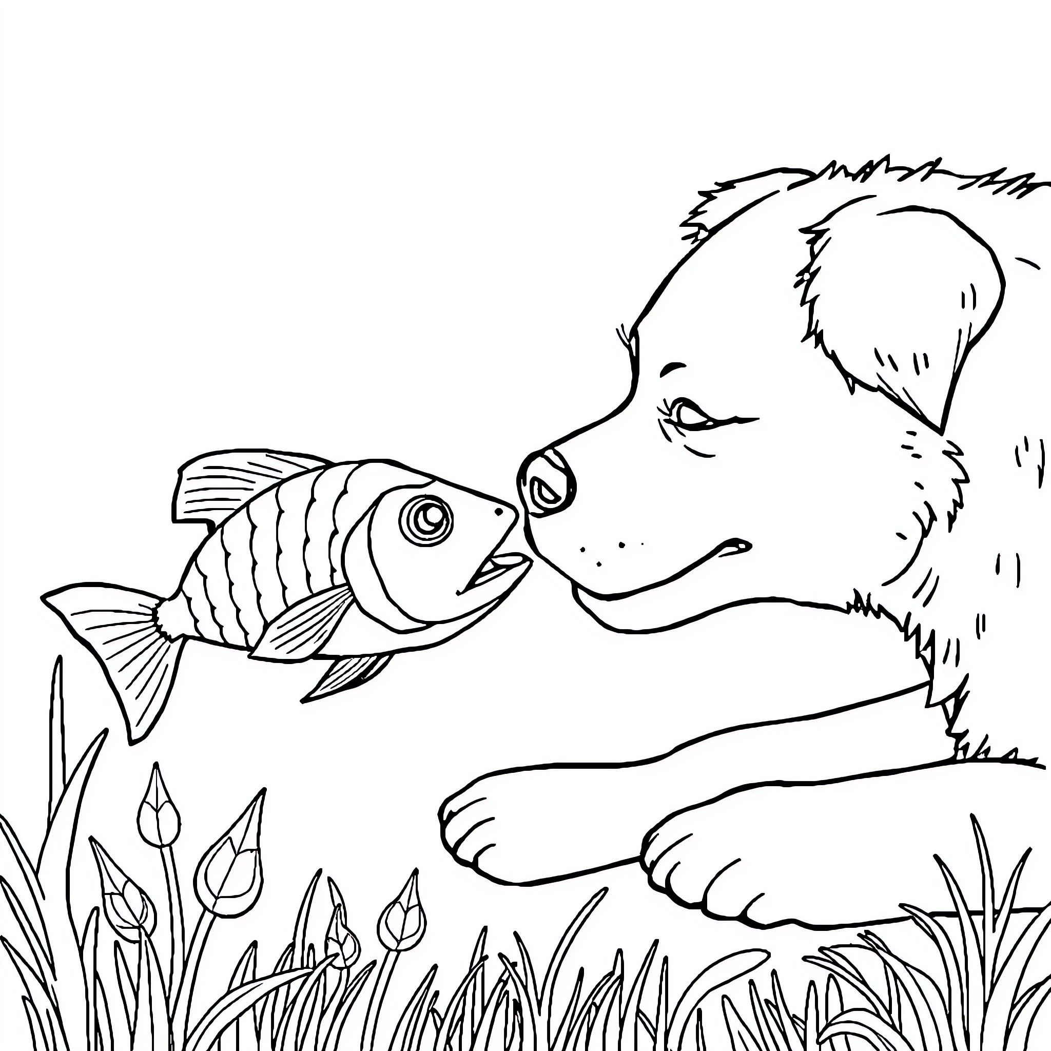 Fish and a Furry Friend Playing in Nature Coloring Page (free black-and-white line drawing printable PDF for all, from beginners to advanced learners, including children, teens, adults, and seniors)