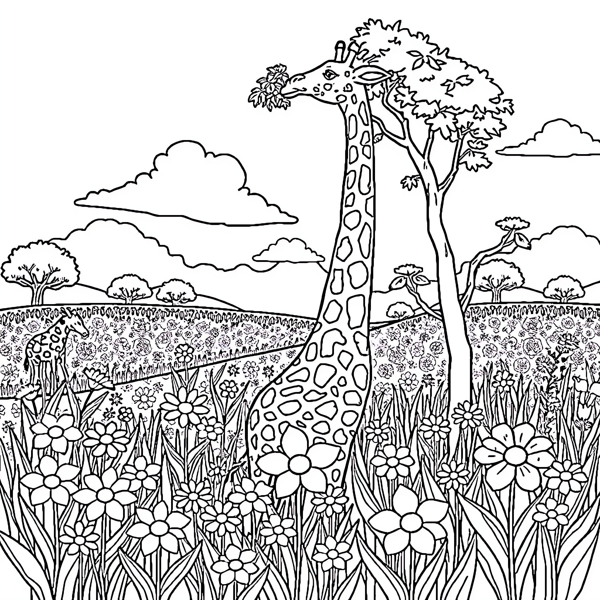 Giraffe in a whimsical floral meadow Coloring Page (free black-and-white line drawing printable PDF for all, from beginners to advanced learners, including children, teens, adults, and seniors)