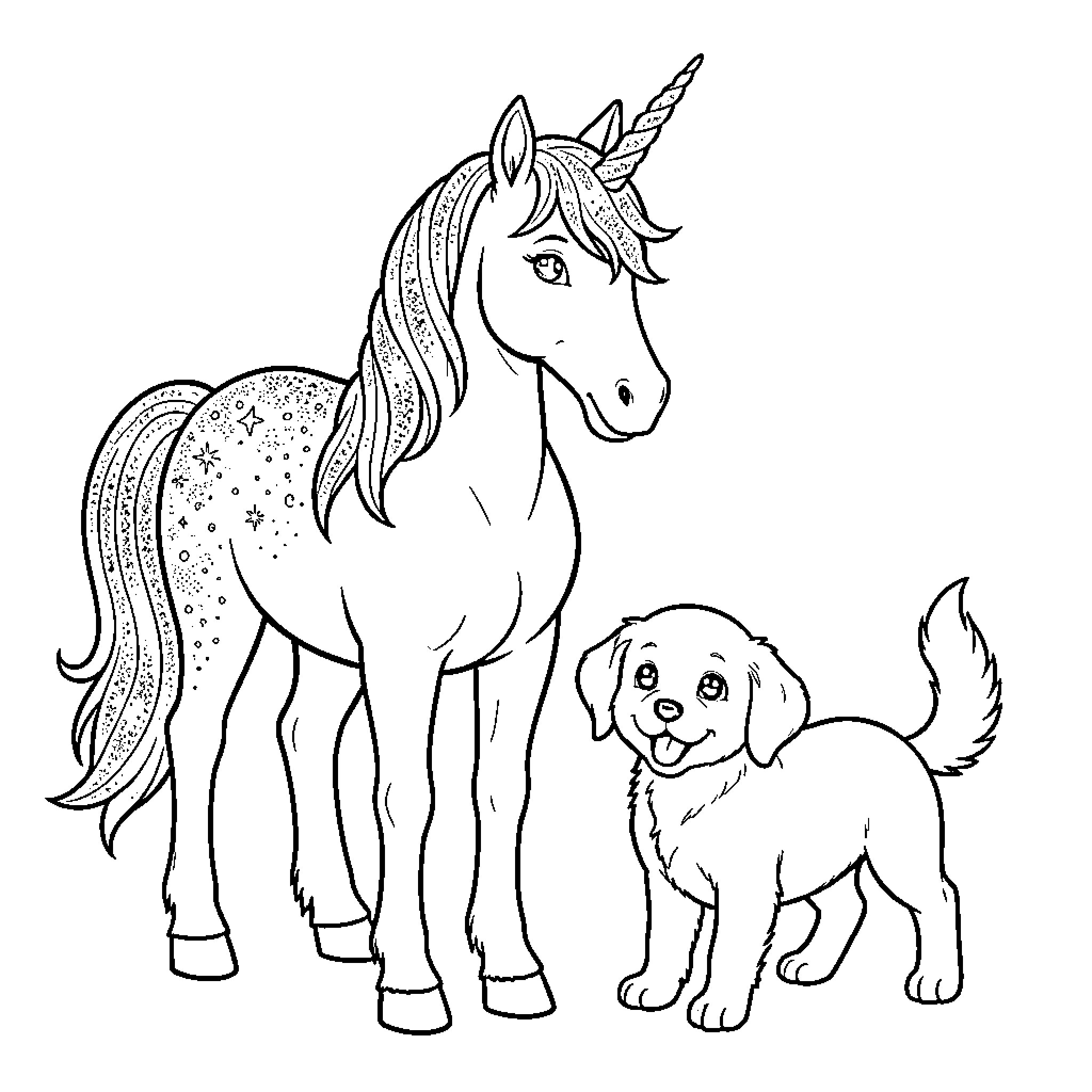Unicorn and Puppy Playing Together Coloring Page (free black-and-white line drawing printable PDF for all, from beginners to advanced learners, including children, teens, adults, and seniors)