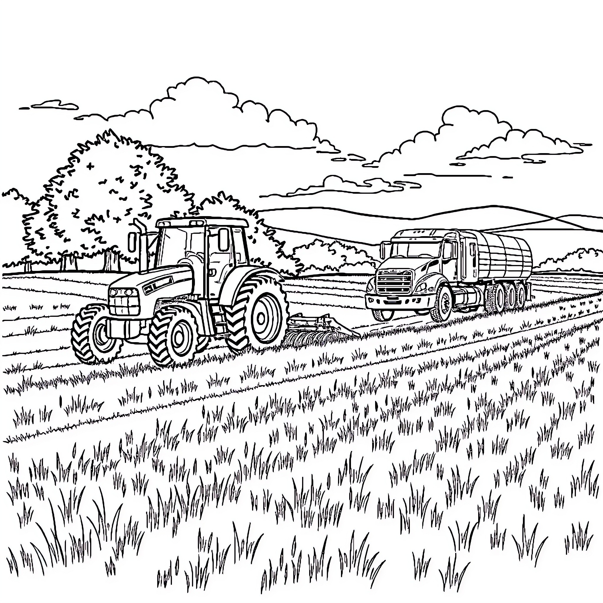Tractor transporting materials across rural landscape Coloring Page (free black-and-white line drawing printable PDF for all, from beginners to advanced learners, including children, teens, adults, and seniors)