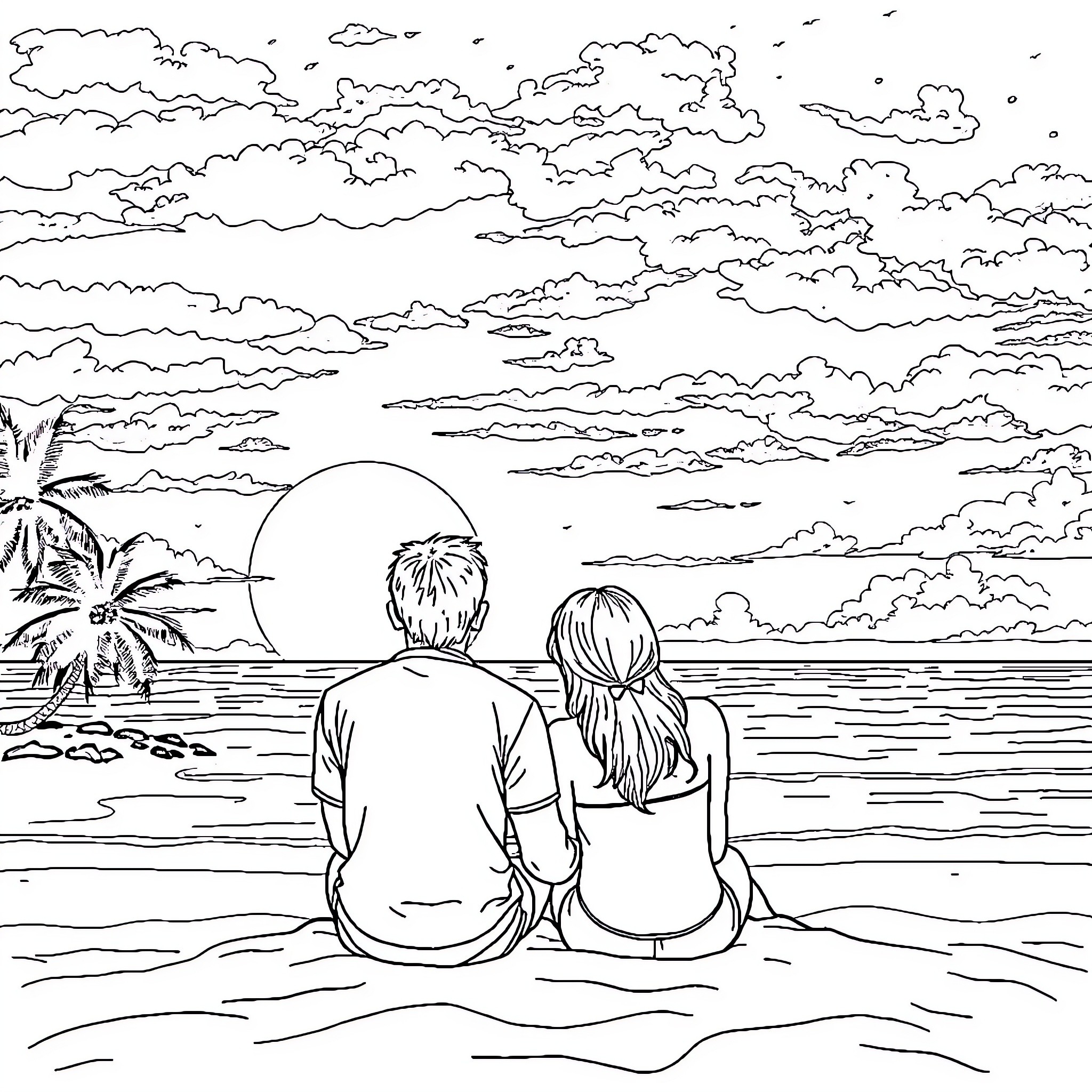 Couple enjoying a scenic sunset on the beach Coloring Page (free black-and-white line drawing printable PDF for all, from beginners to advanced learners, including children, teens, adults, and seniors)