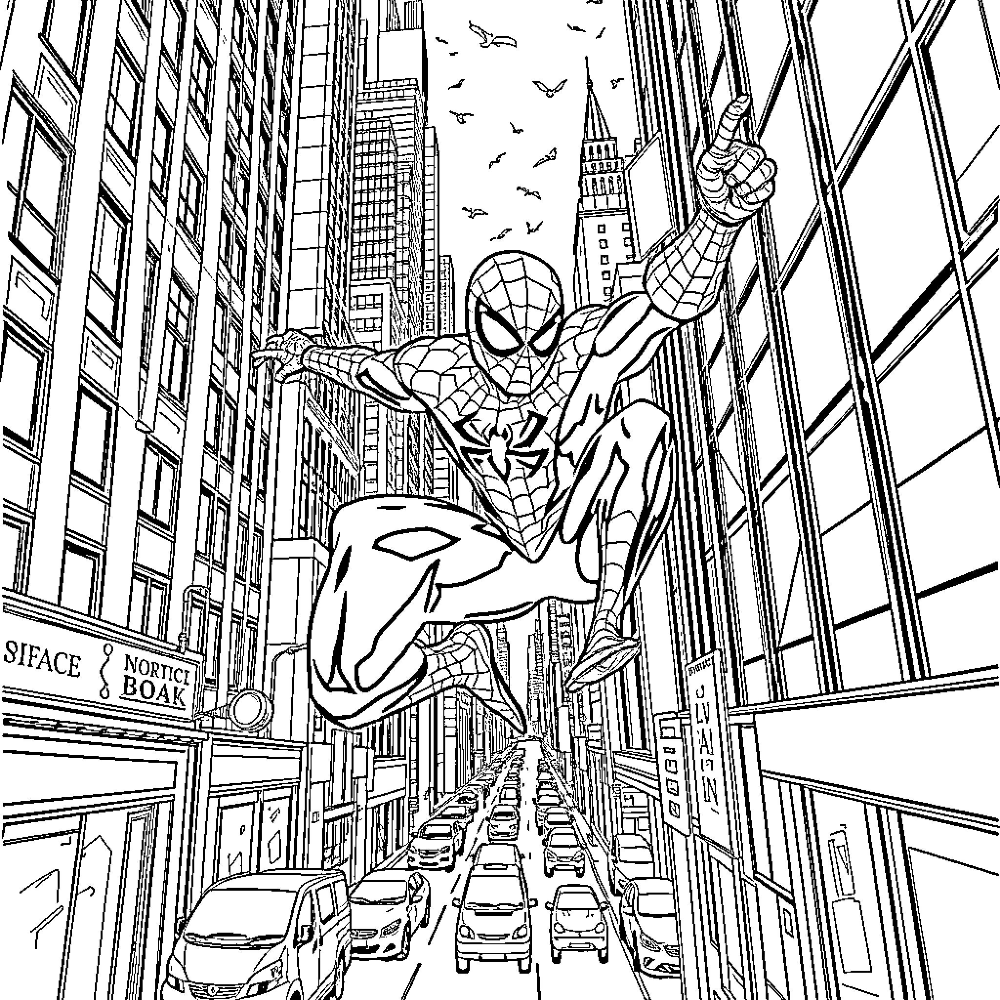 Spiderman swinging through the city skyline Coloring Page (free black-and-white line drawing printable PDF for all, from beginners to advanced learners, including children, teens, adults, and seniors)