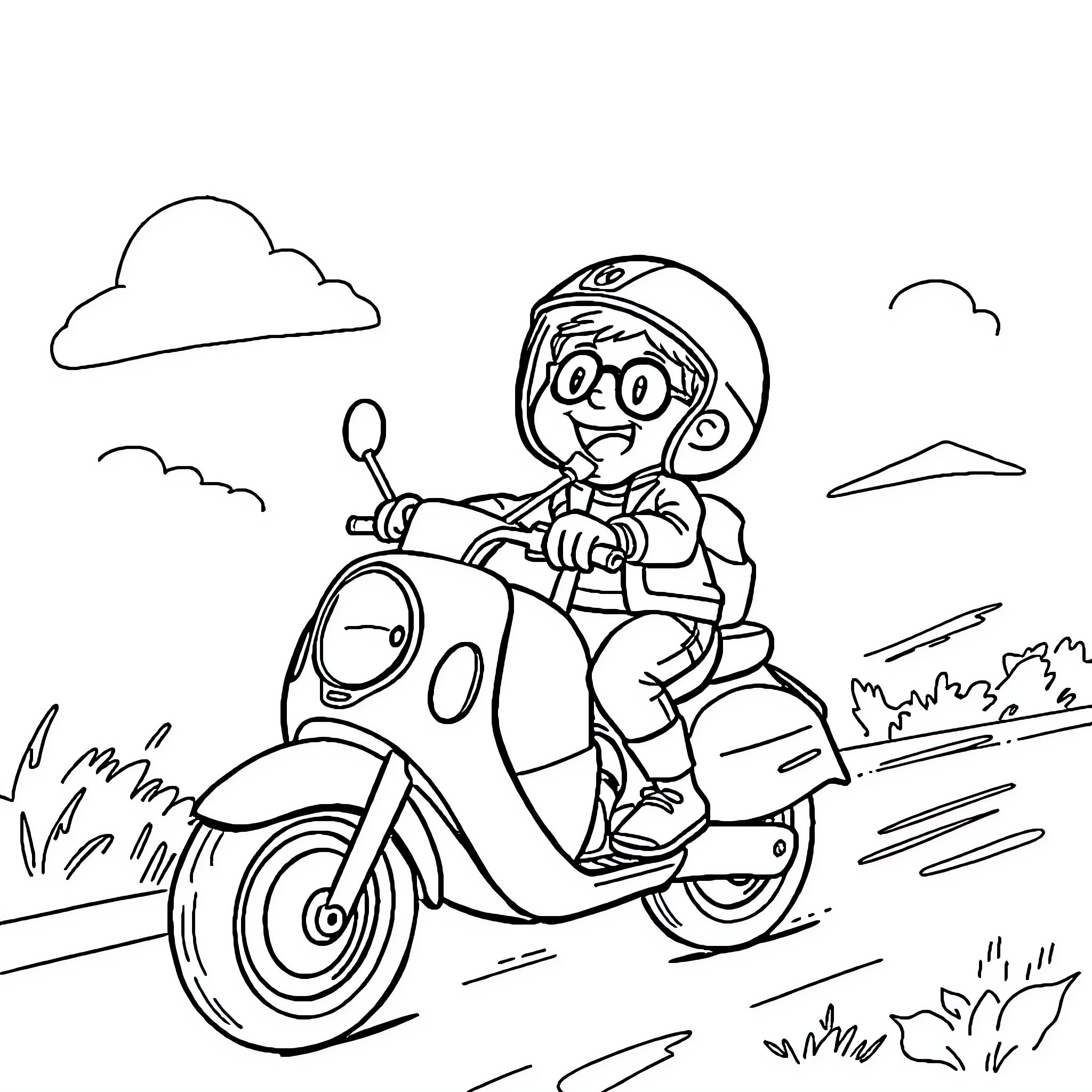 Snowmobile riding through scenic landscape Coloring Page (free black-and-white line drawing printable PDF for all, from beginners to advanced learners, including children, teens, adults, and seniors)