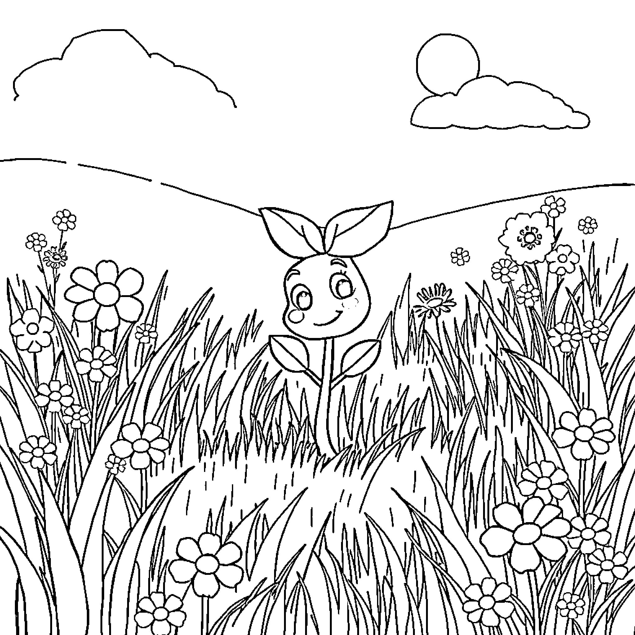 Sprout exploring the blooming floral garden Coloring Page (free black-and-white line drawing printable PDF for all, from beginners to advanced learners, including children, teens, adults, and seniors)