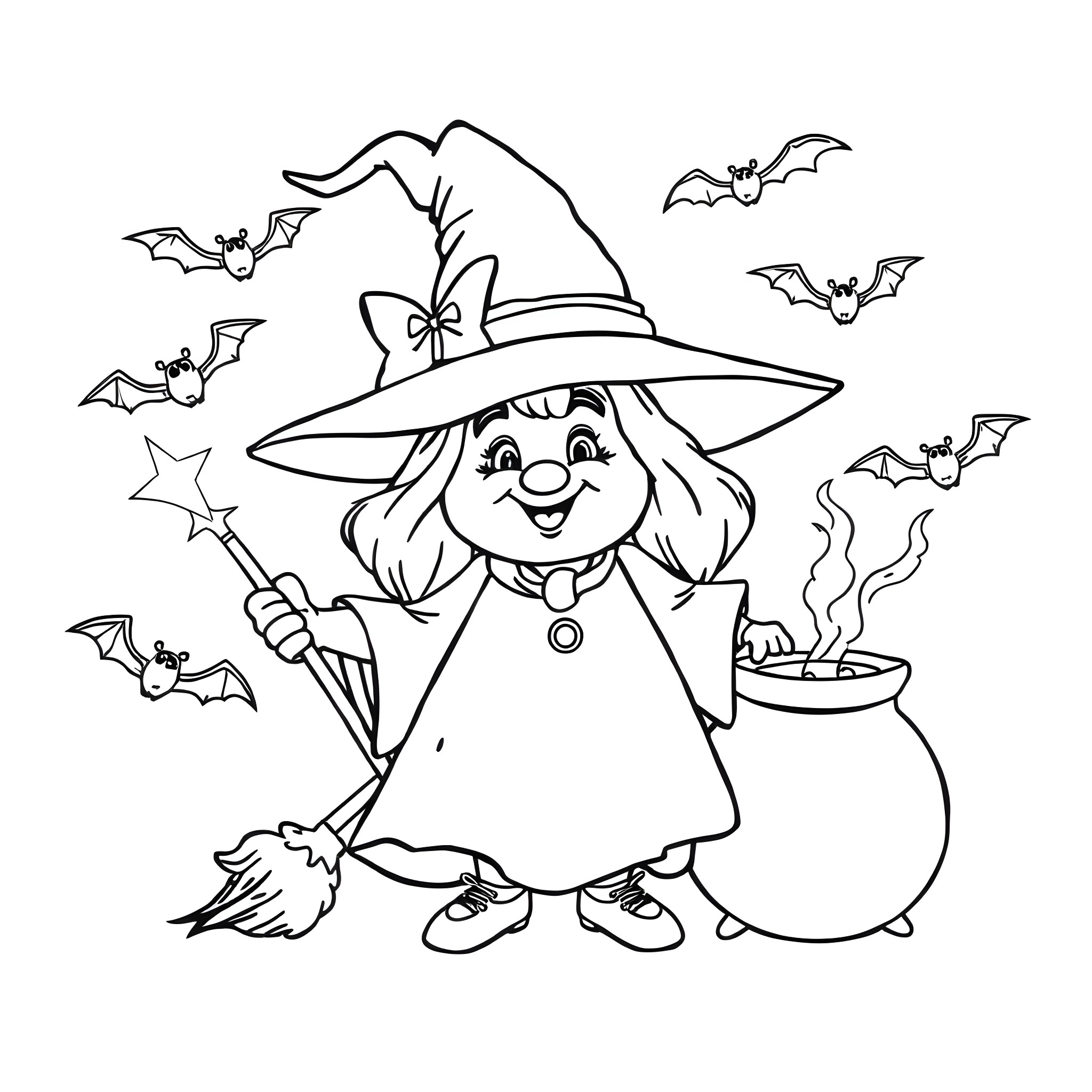 Witch Casting a Spell with Cauldron and Bats Coloring Page (free black-and-white line drawing printable PDF for all, from beginners to advanced learners, including children, teens, adults, and seniors)