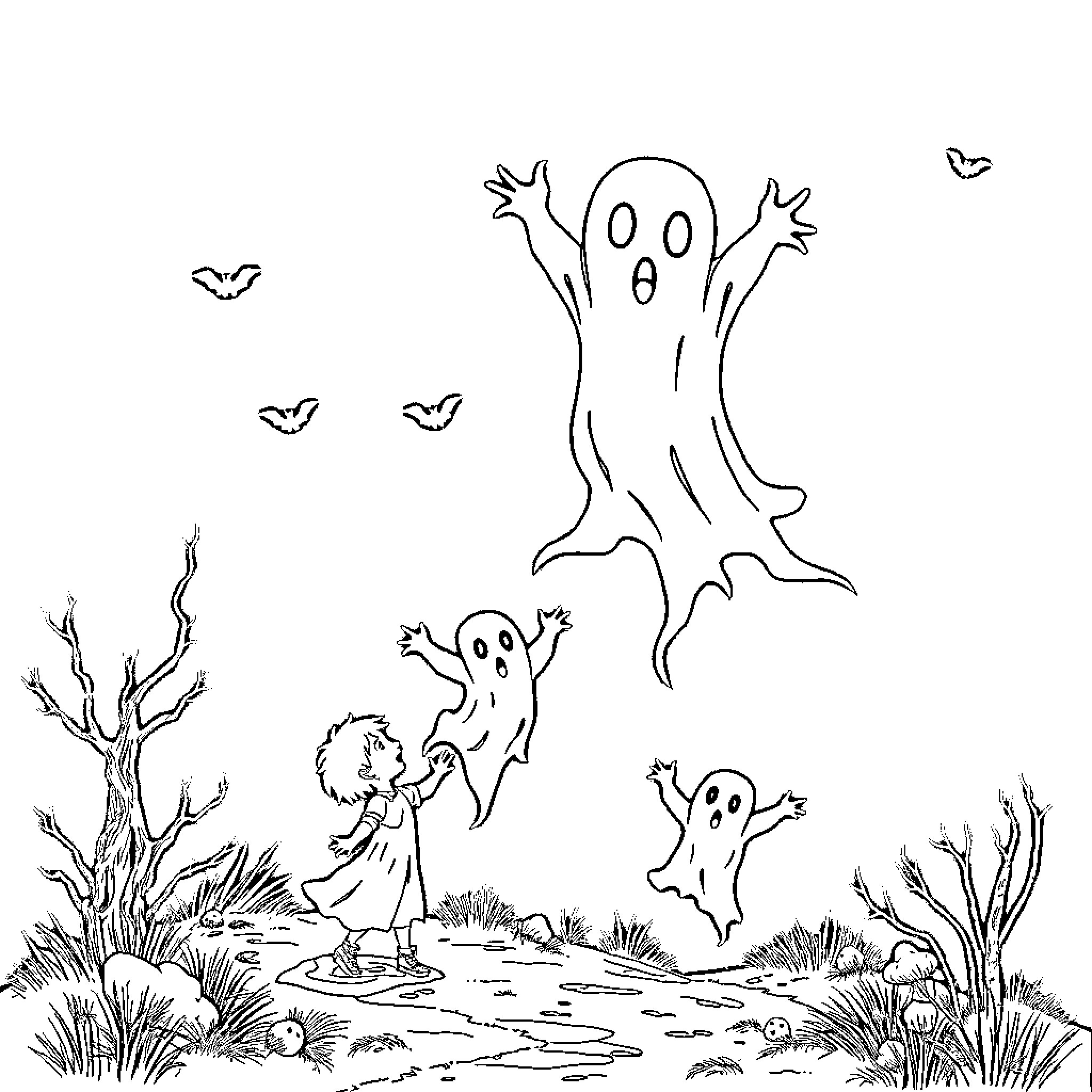 Ghost figures frolic in a spooky landscape Coloring Page (free black-and-white line drawing printable PDF for all, from beginners to advanced learners, including children, teens, adults, and seniors)