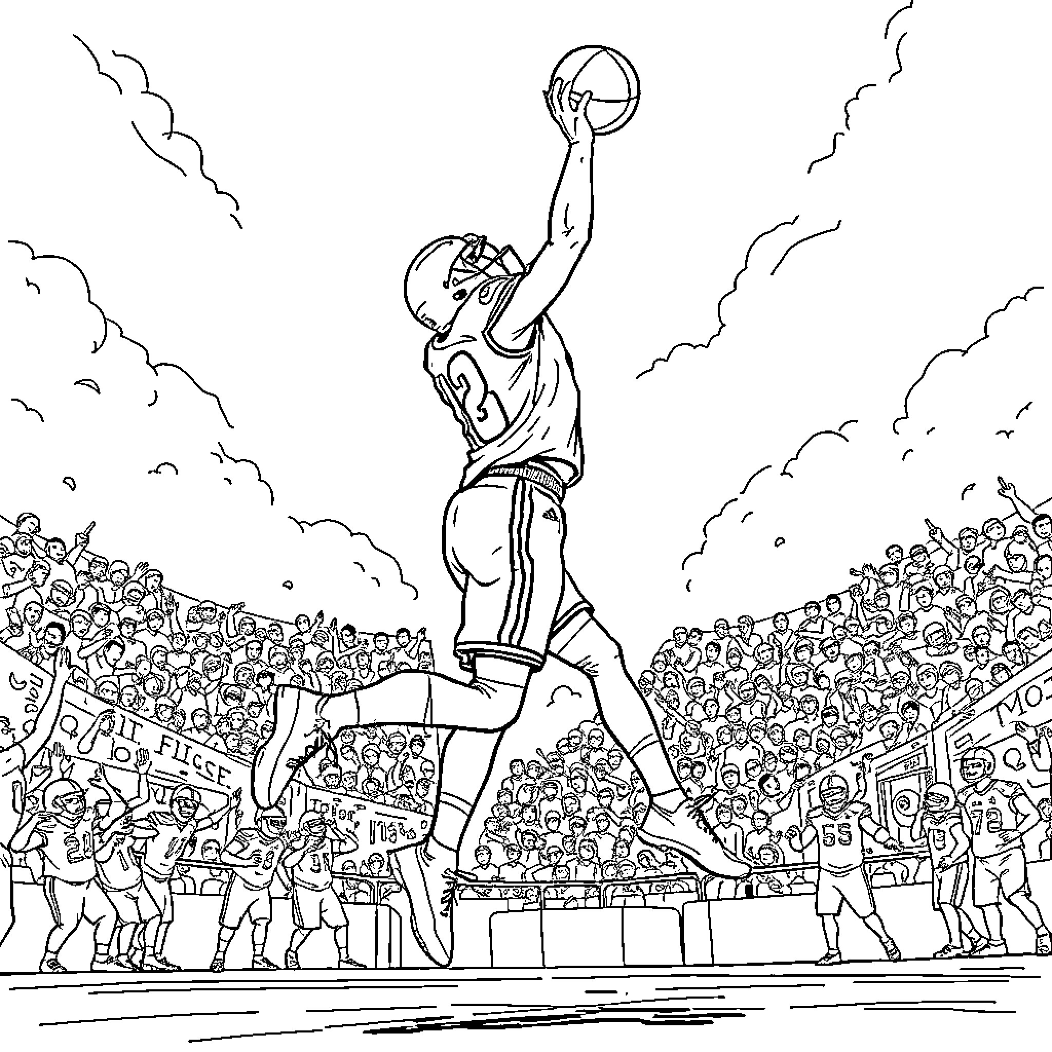 Jeremiah Smith's basketball game in a crowded stadium Coloring Page (free black-and-white line drawing printable PDF for all, from beginners to advanced learners, including children, teens, adults, and seniors)