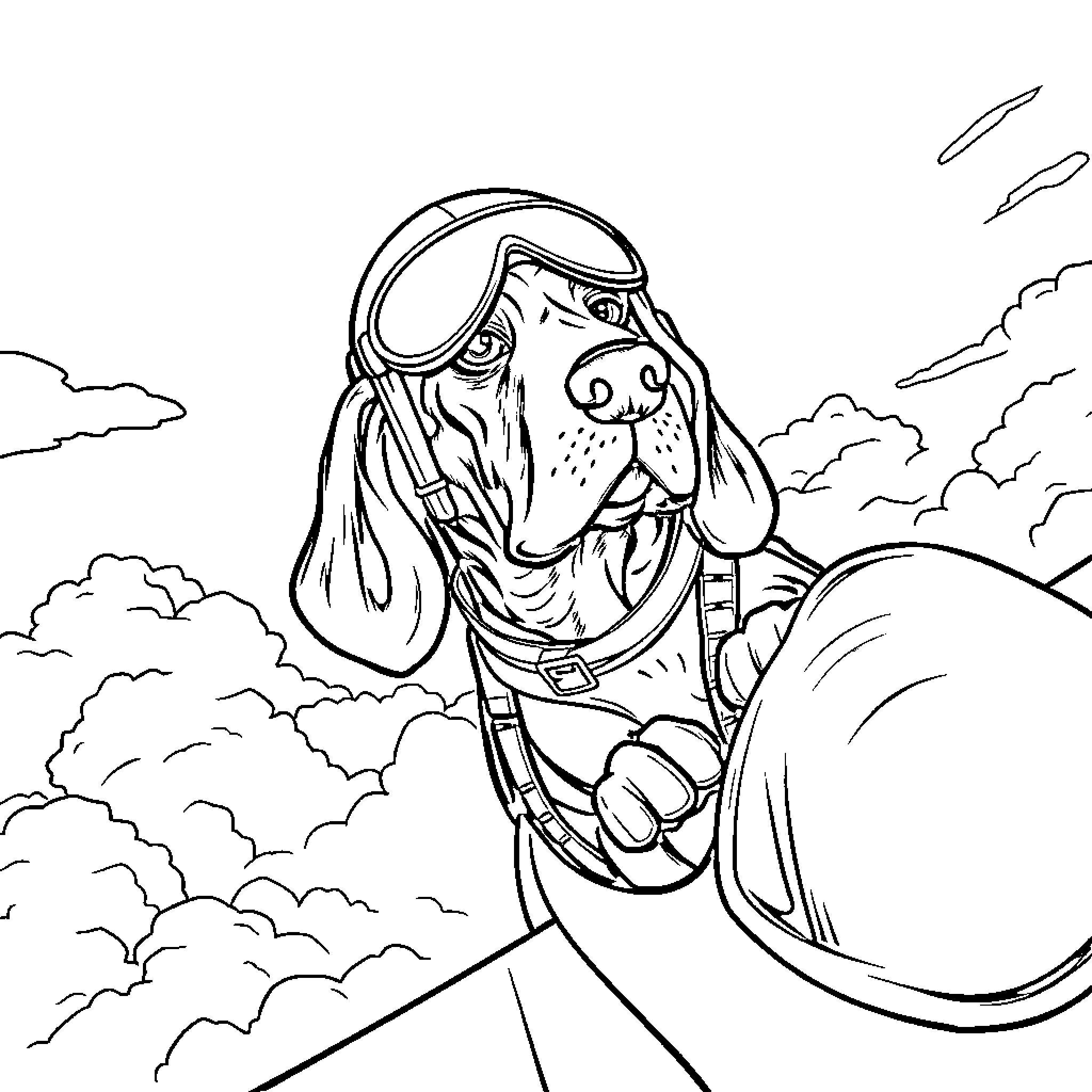 Basset Hound Pilot Soaring Through the Clouds Coloring Page (free black-and-white line drawing printable PDF for all, from beginners to advanced learners, including children, teens, adults, and seniors)