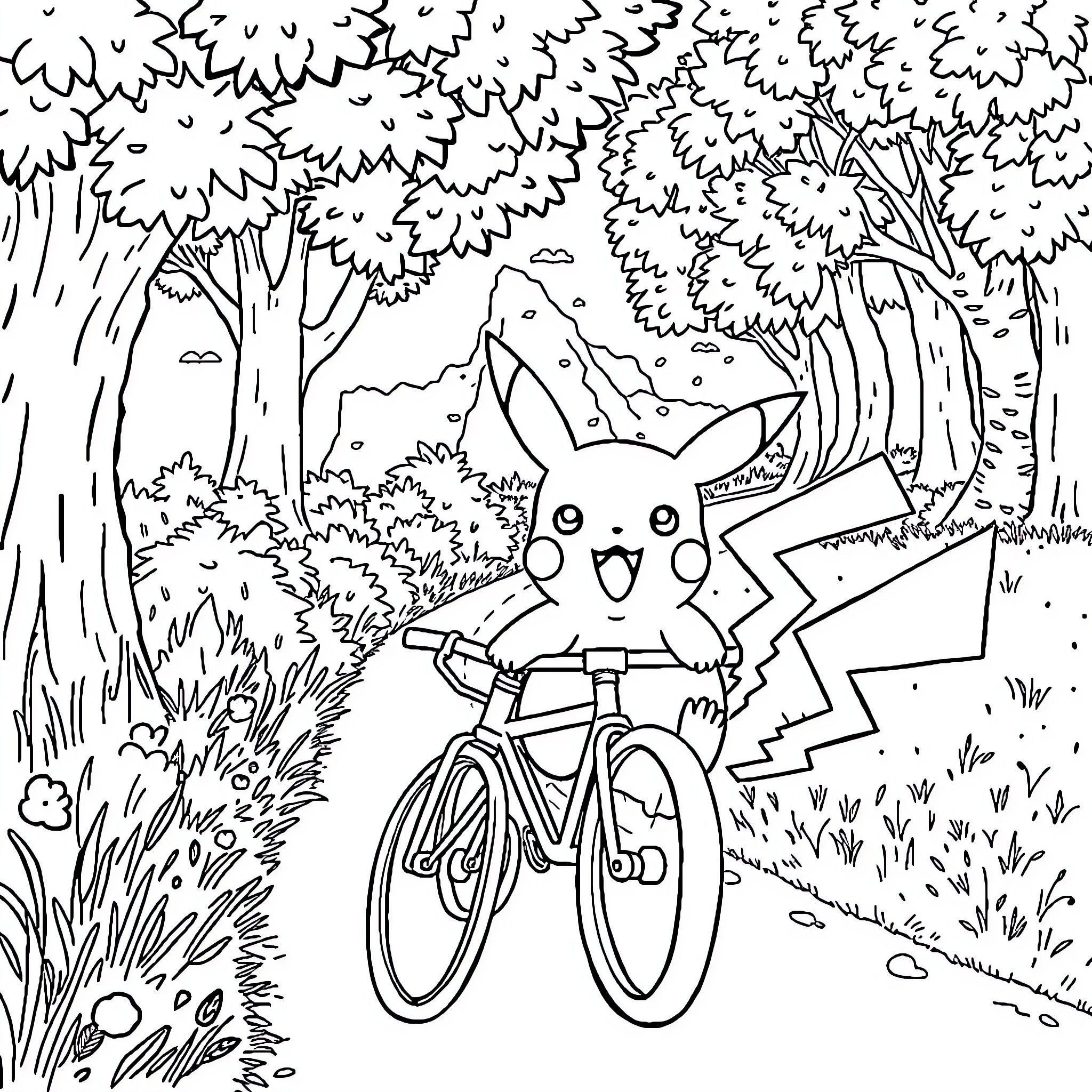 Pikachu riding a bicycle in the forest Coloring Page (free black-and-white line drawing printable PDF for all, from beginners to advanced learners, including children, teens, adults, and seniors)