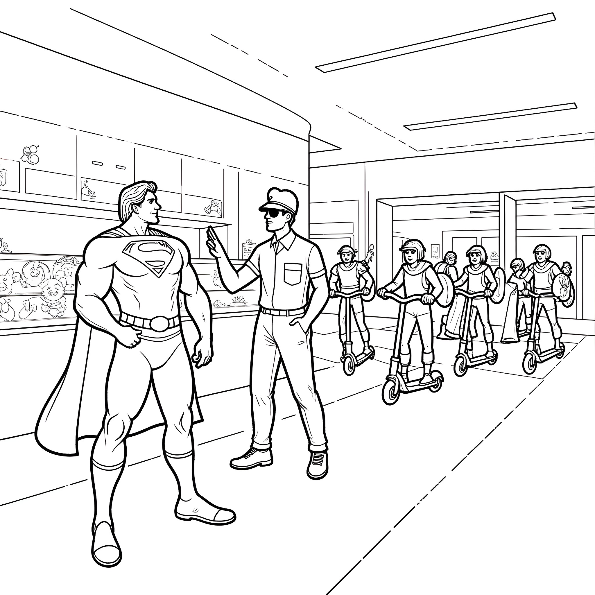 Superman in a school setting interacting with students Coloring Page (free black-and-white line drawing printable PDF for all, from beginners to advanced learners, including children, teens, adults, and seniors)
