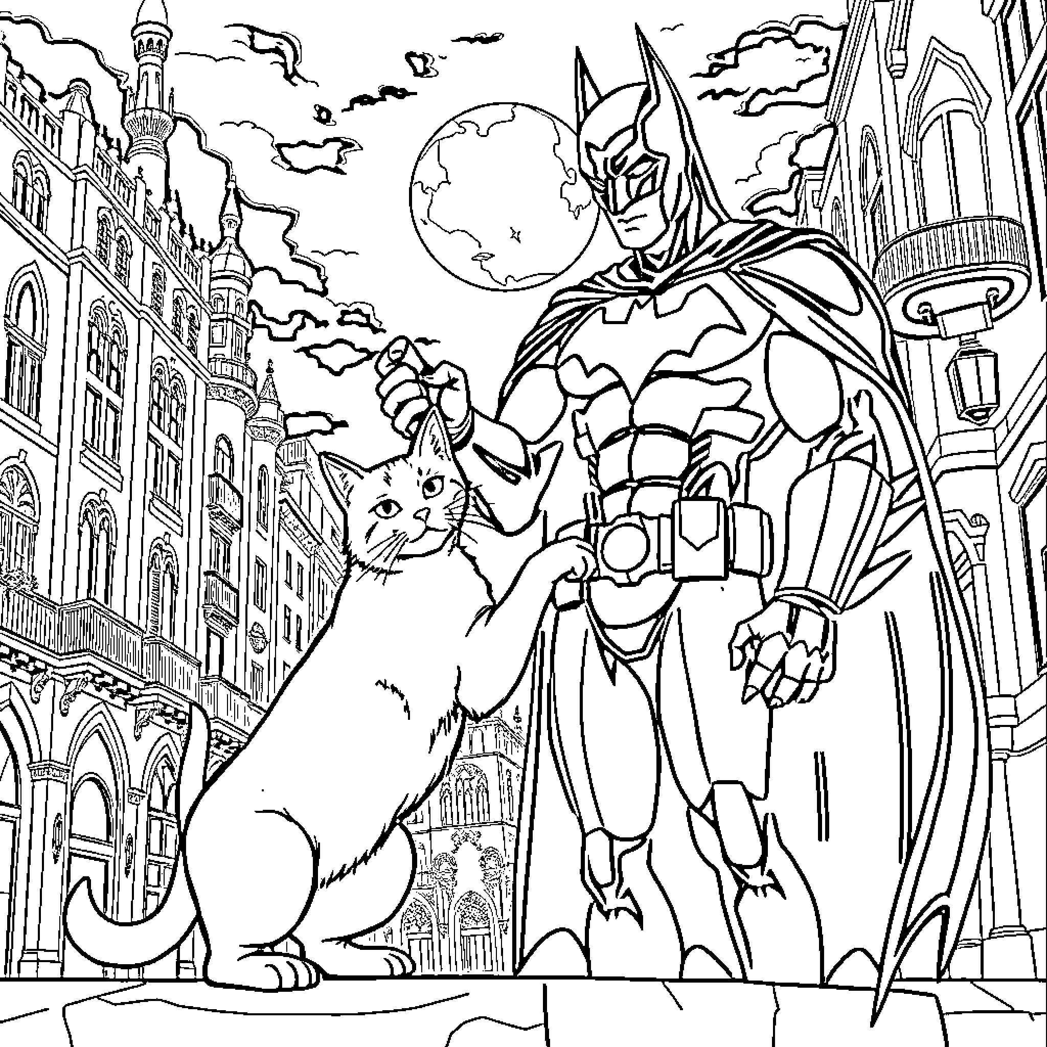 Batman and cat exploring mysterious city at night Coloring Page (free black-and-white line drawing printable PDF for all, from beginners to advanced learners, including children, teens, adults, and seniors)