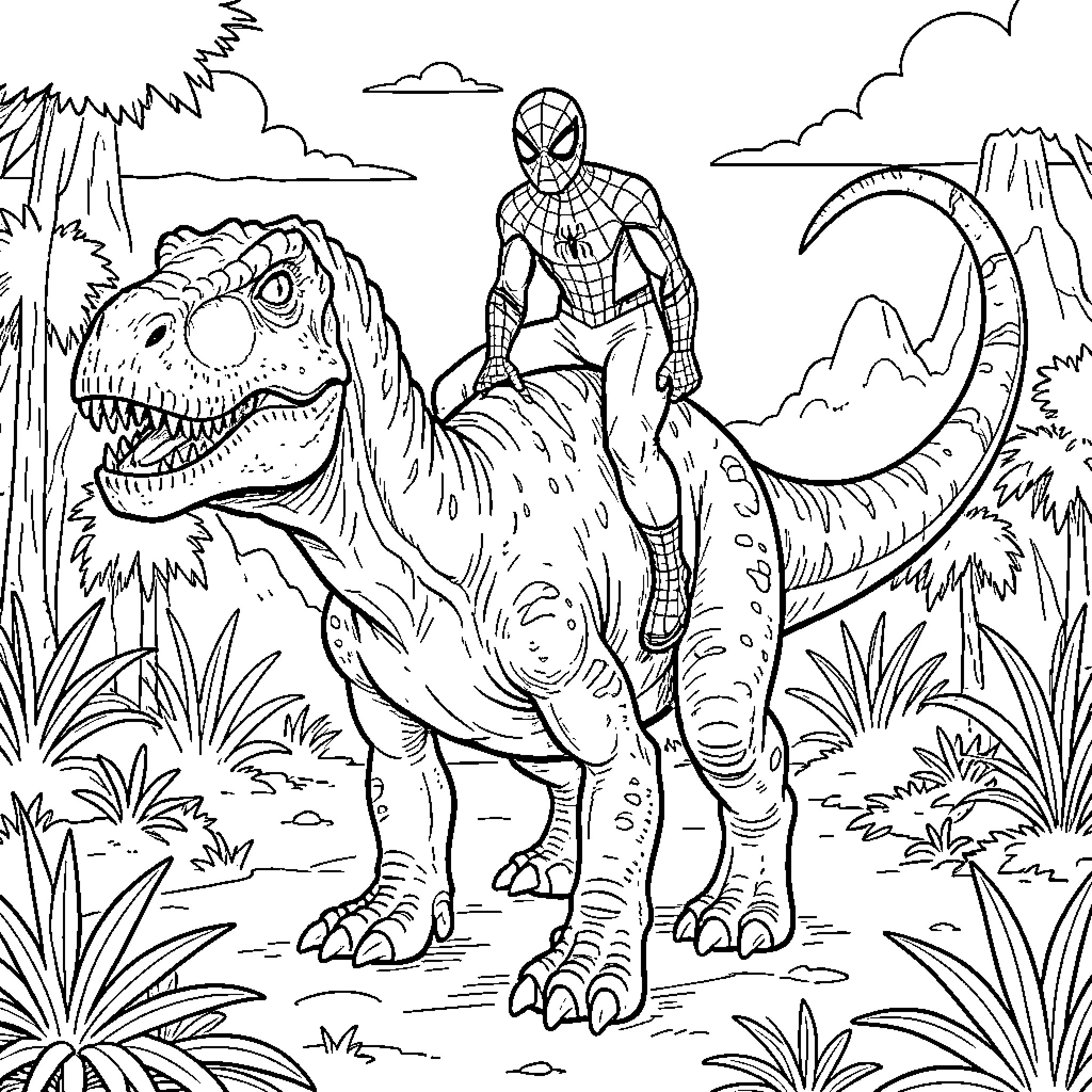 Spider-Man riding a large dinosaur through a jungle Coloring Page (free black-and-white line drawing printable PDF for all, from beginners to advanced learners, including children, teens, adults, and seniors)