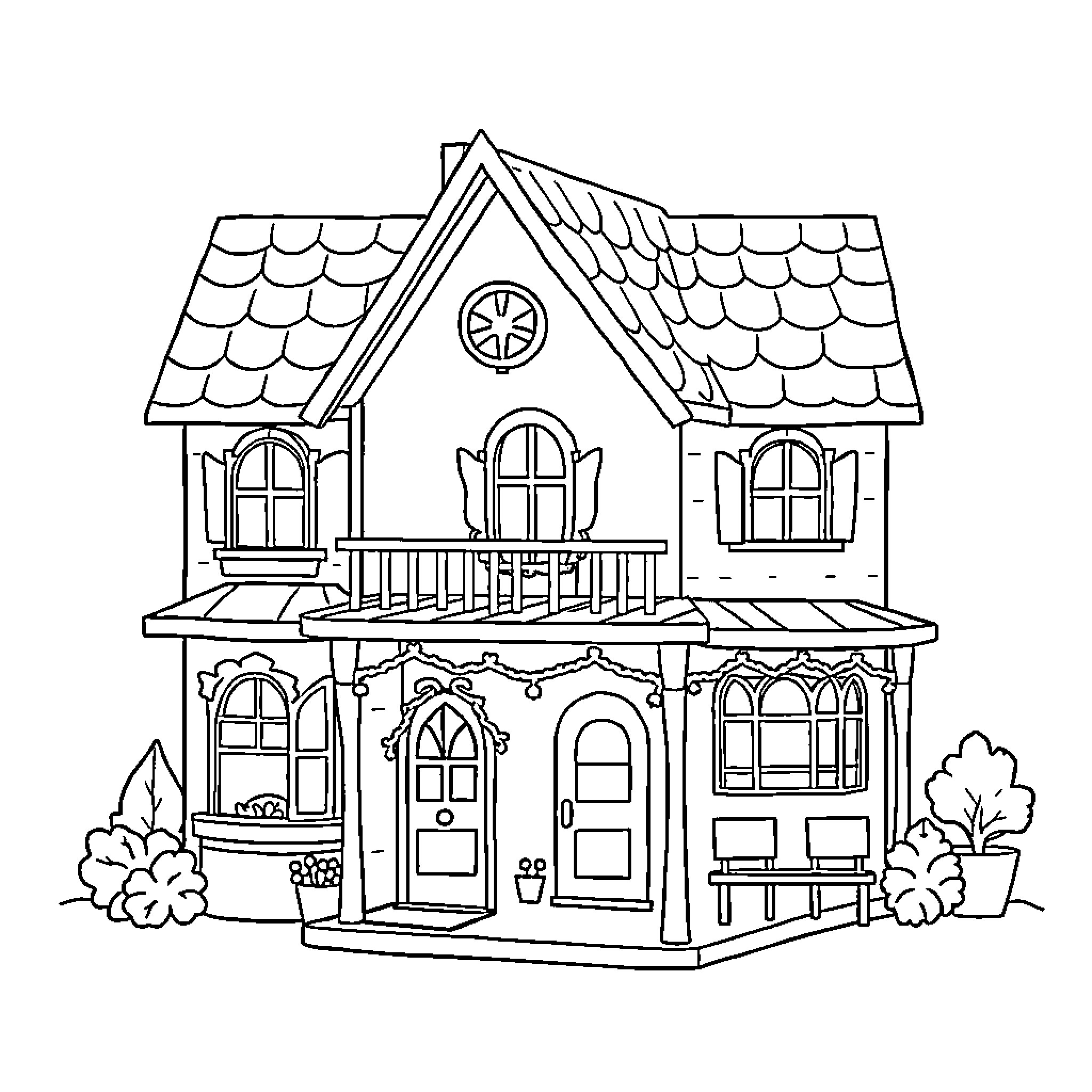 Dollhouse with detailed architectural features Coloring Page (free black-and-white line drawing printable PDF for all, from beginners to advanced learners, including children, teens, adults, and seniors)