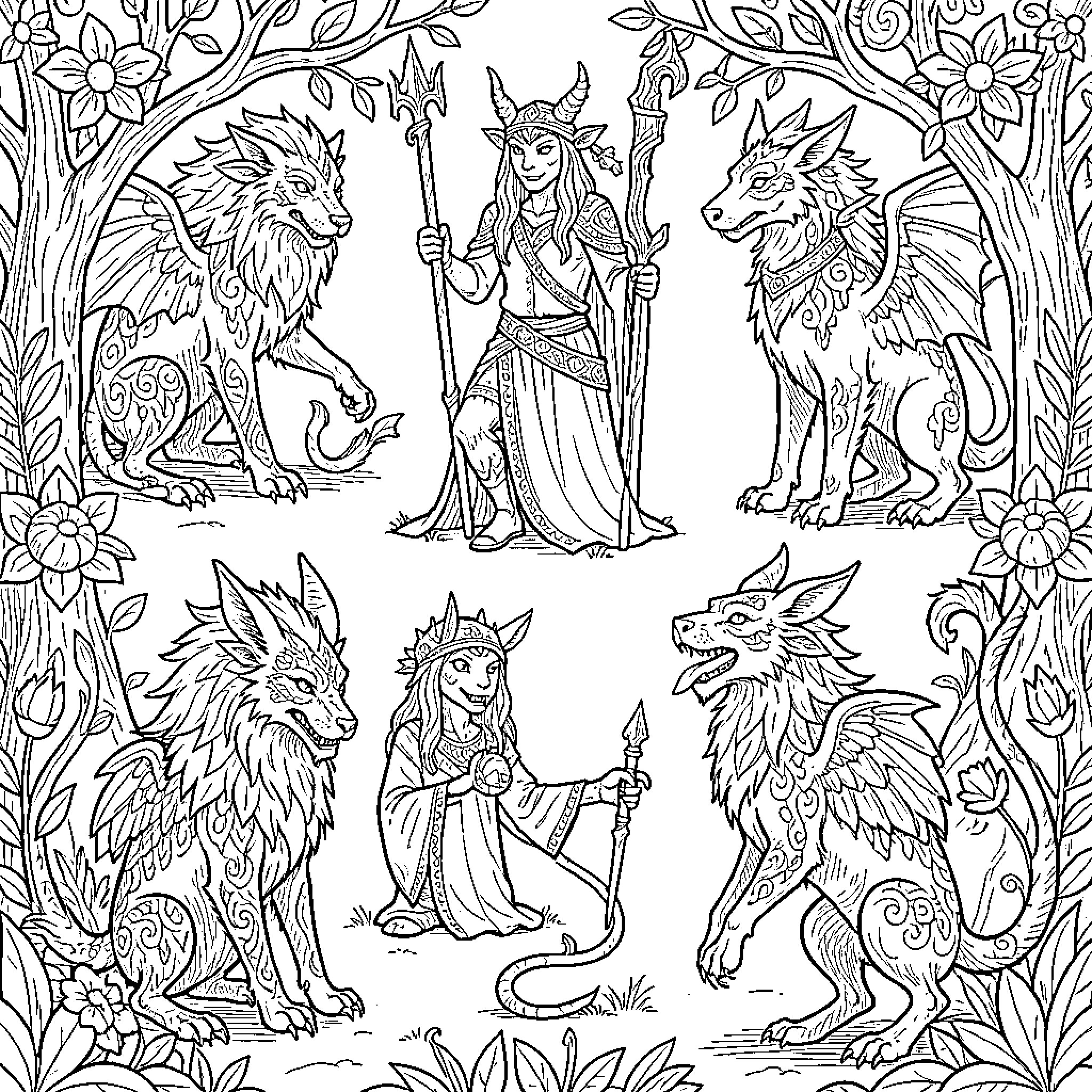 Mythical Creatures surrounding powerful sorceresses in a forest Coloring Page (free black-and-white line drawing printable PDF for all, from beginners to advanced learners, including children, teens, adults, and seniors)