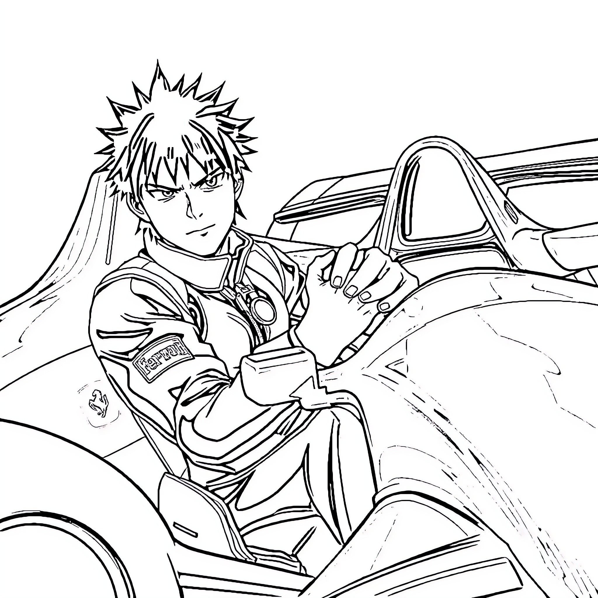 Sasuke riding a motorcycle with a focused expression Coloring Page (free black-and-white line drawing printable PDF for all, from beginners to advanced learners, including children, teens, adults, and seniors)