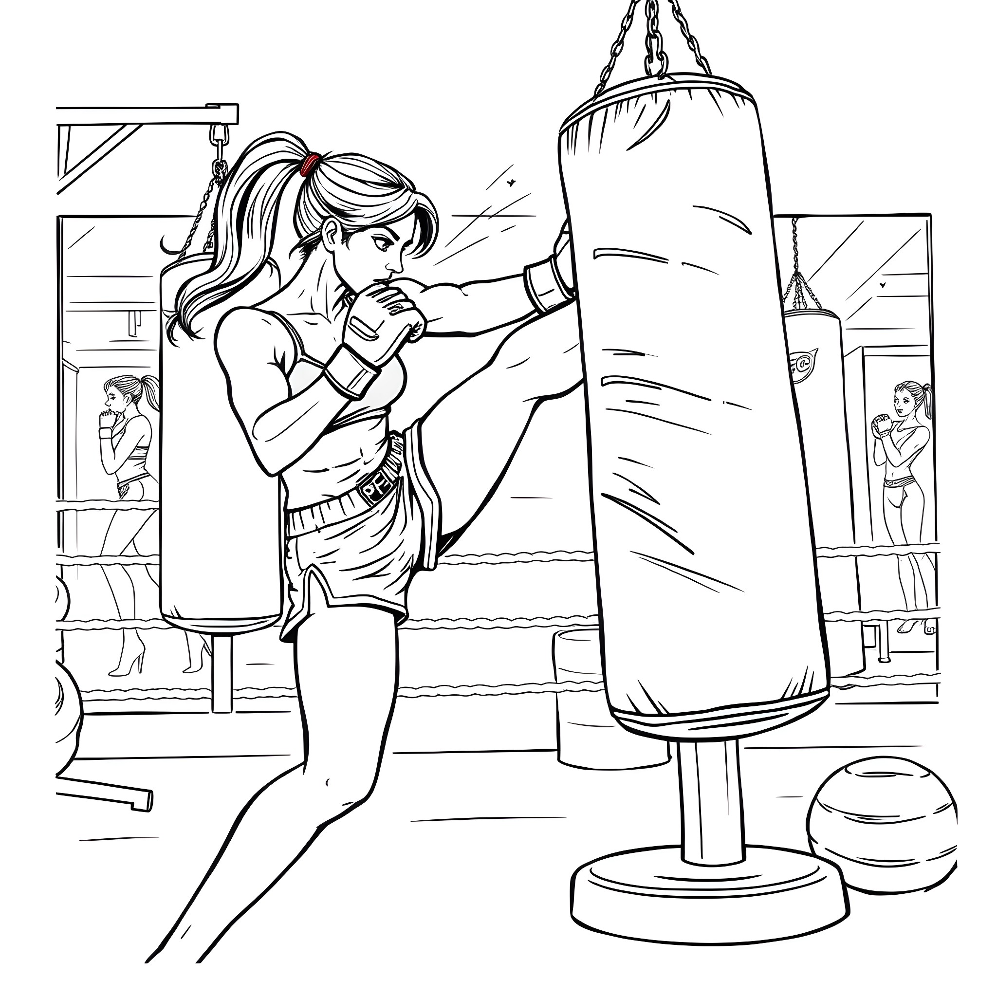 Boxer Training Intensely in Gym Coloring Page (free black-and-white line drawing printable PDF for all, from beginners to advanced learners, including children, teens, adults, and seniors)
