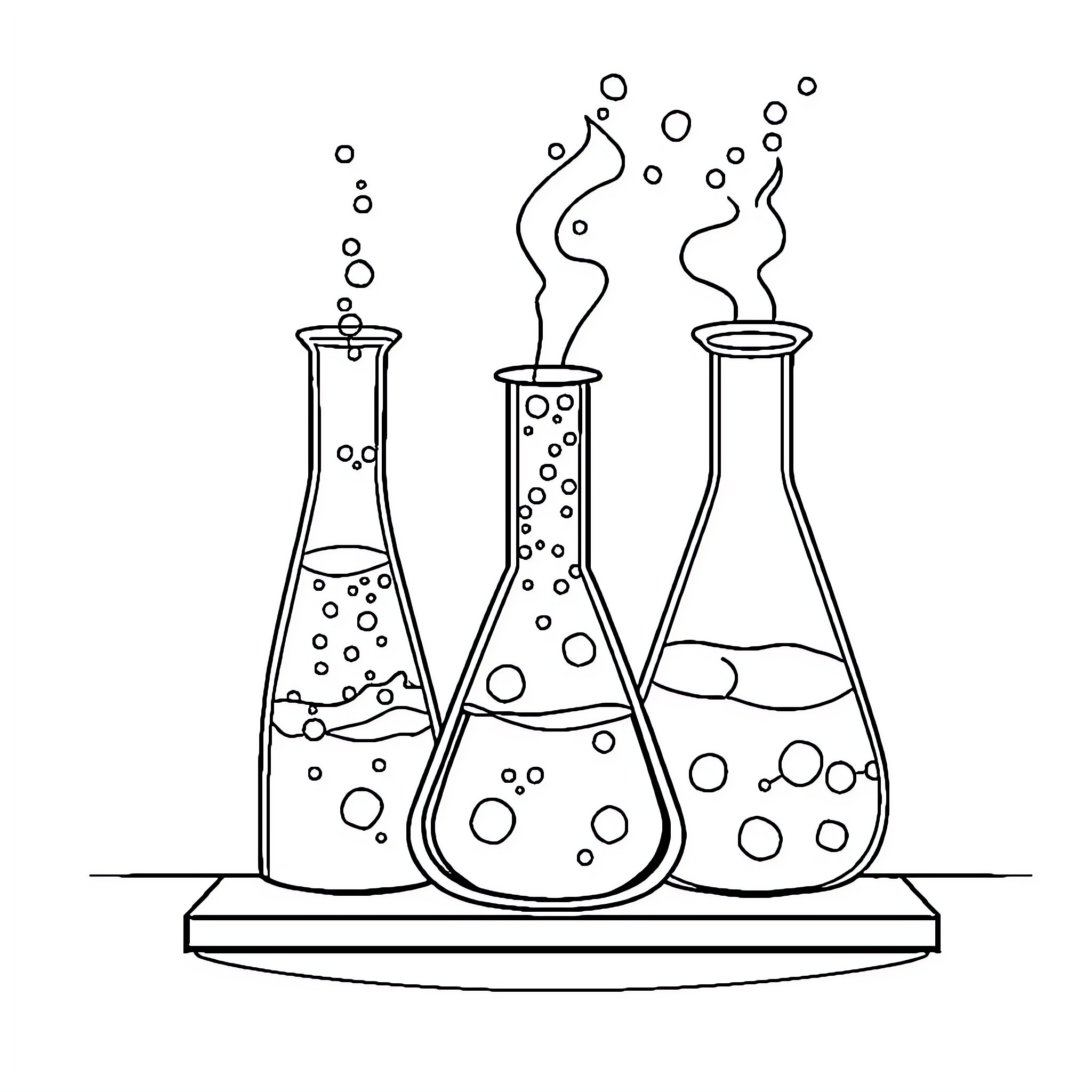 Chemistry Experiment with Glassware and Bubbles Coloring Page (free black-and-white line drawing printable PDF for all, from beginners to advanced learners, including children, teens, adults, and seniors)