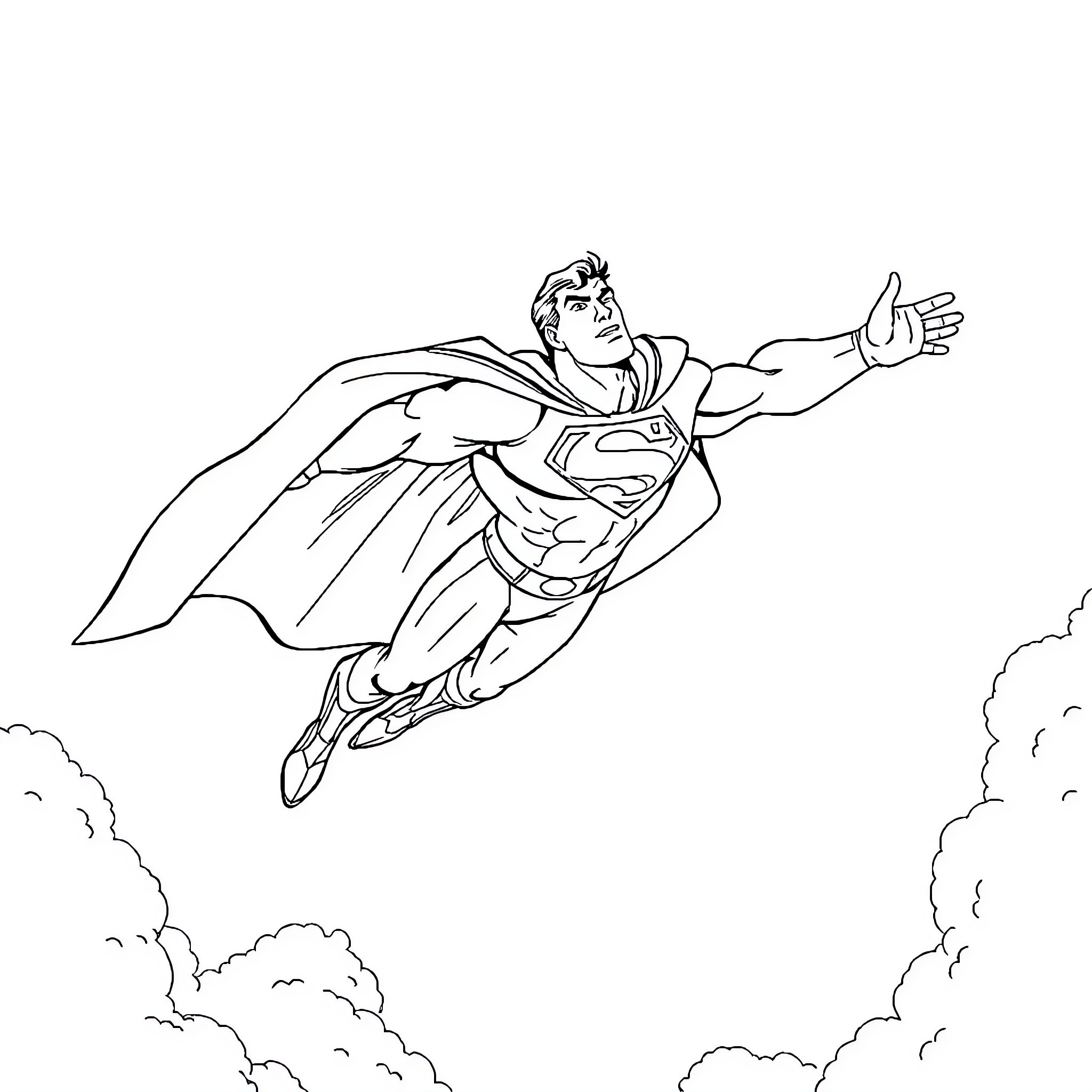 Superman Flying Through the Sky Coloring Page (free black-and-white line drawing printable PDF for all, from beginners to advanced learners, including children, teens, adults, and seniors)