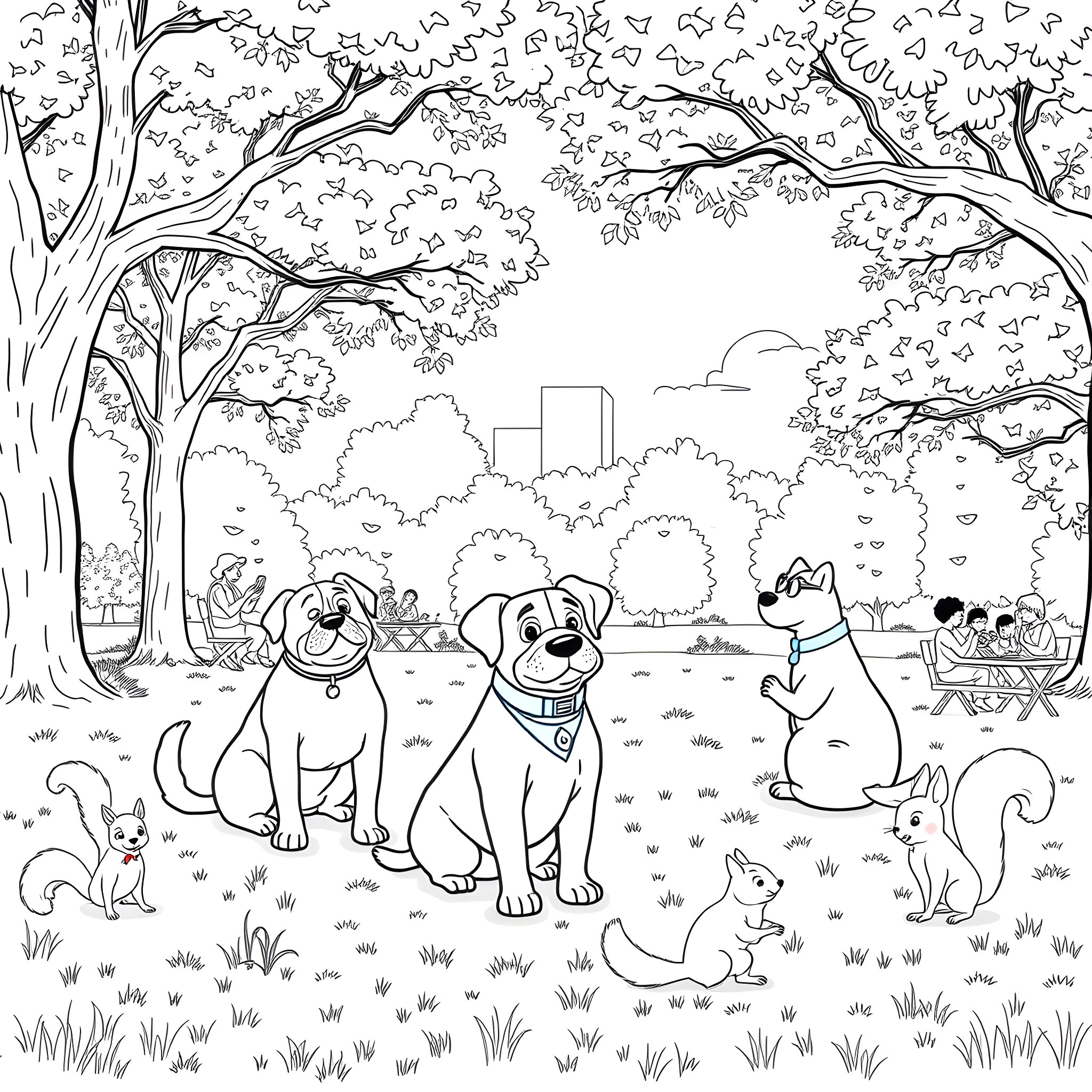 Pet dogs playing happily in the park Coloring Page (free black-and-white line drawing printable PDF for all, from beginners to advanced learners, including children, teens, adults, and seniors)