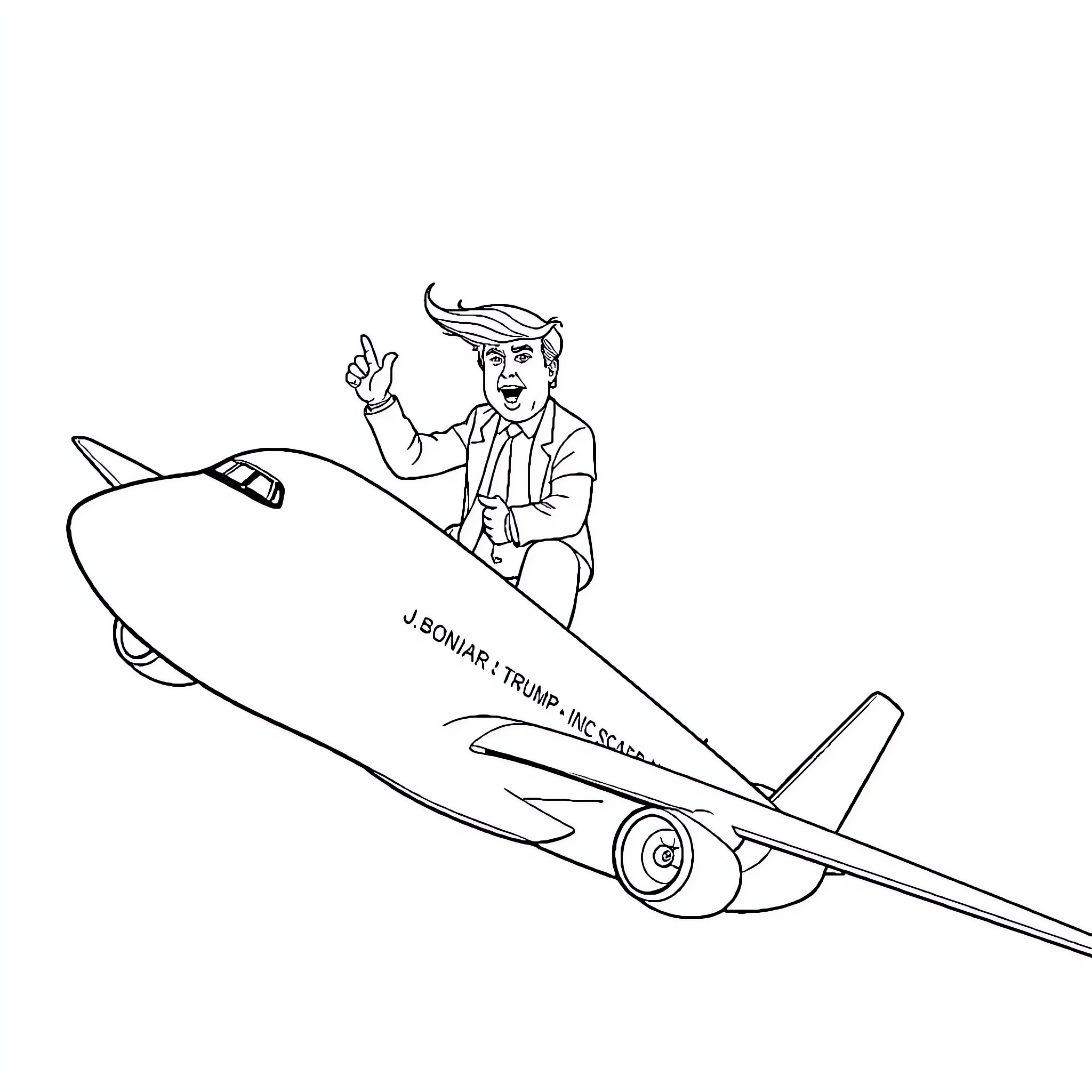 Donald Trump gesturing on a private jet Coloring Page (free black-and-white line drawing printable PDF for all, from beginners to advanced learners, including children, teens, adults, and seniors)