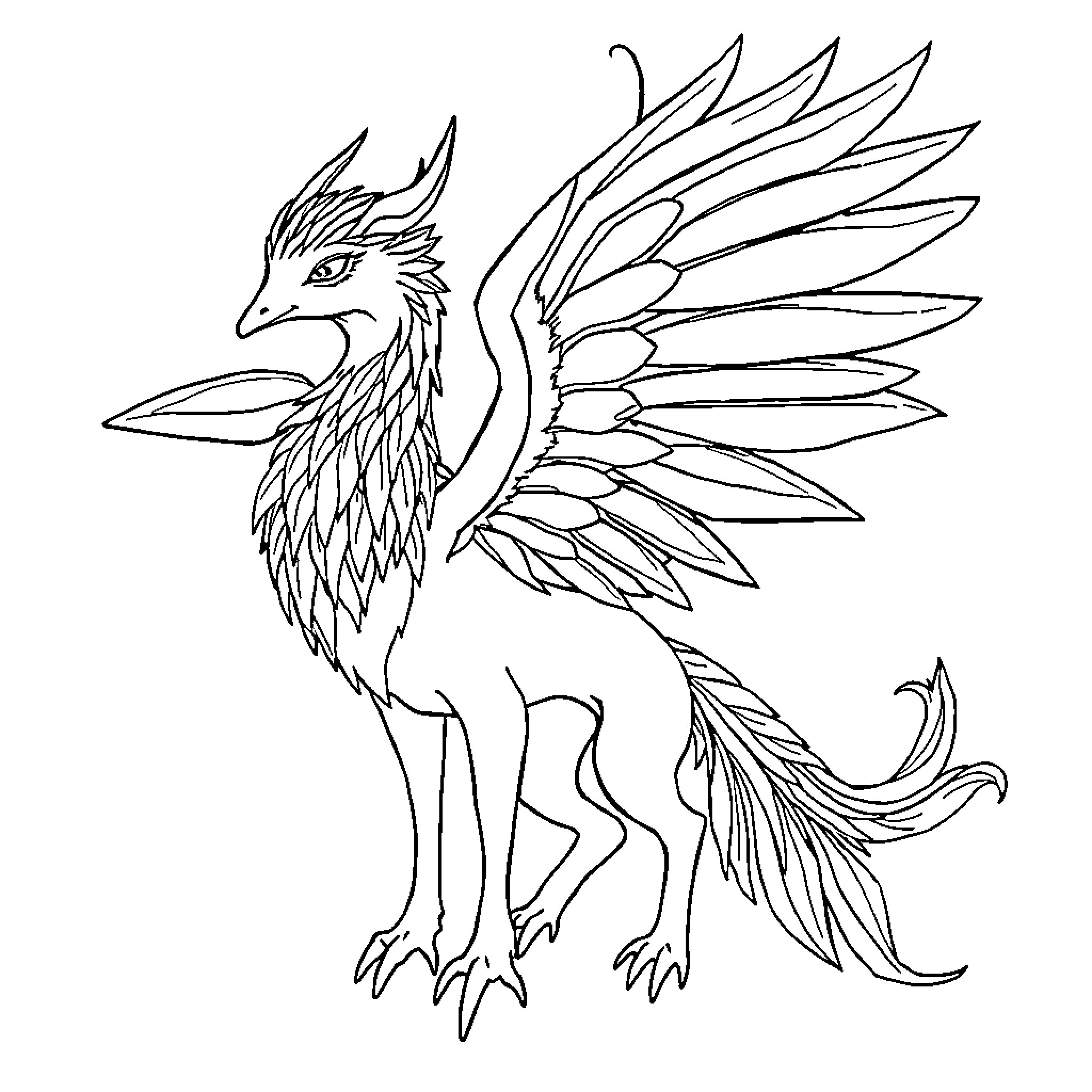Mythical Creature with Majestic Wings and Ferocious Claws Coloring Page (free black-and-white line drawing printable PDF for all, from beginners to advanced learners, including children, teens, adults, and seniors)