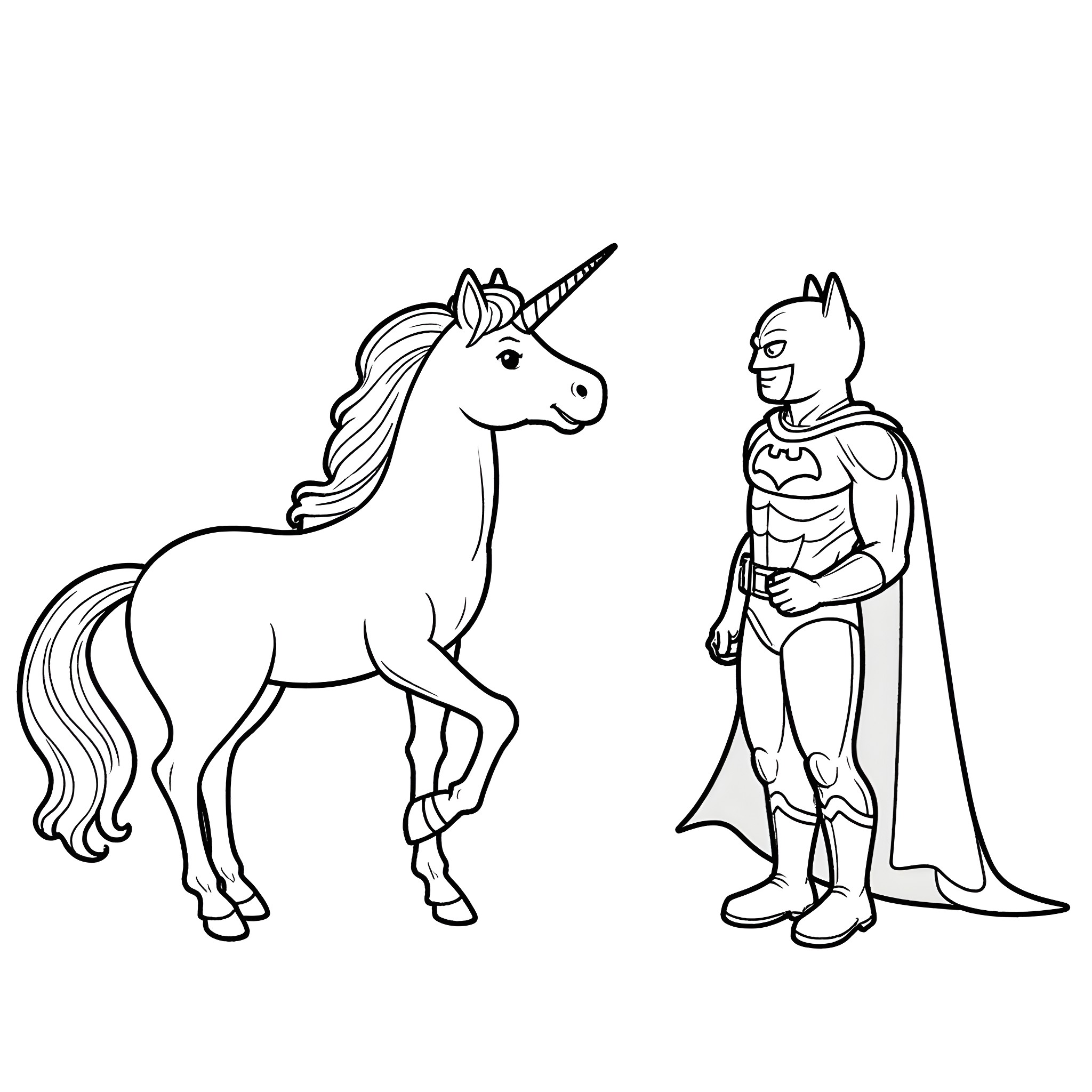 Unicorn and Superhero in Heroic Encounter Coloring Page (free black-and-white line drawing printable PDF for all, from beginners to advanced learners, including children, teens, adults, and seniors)
