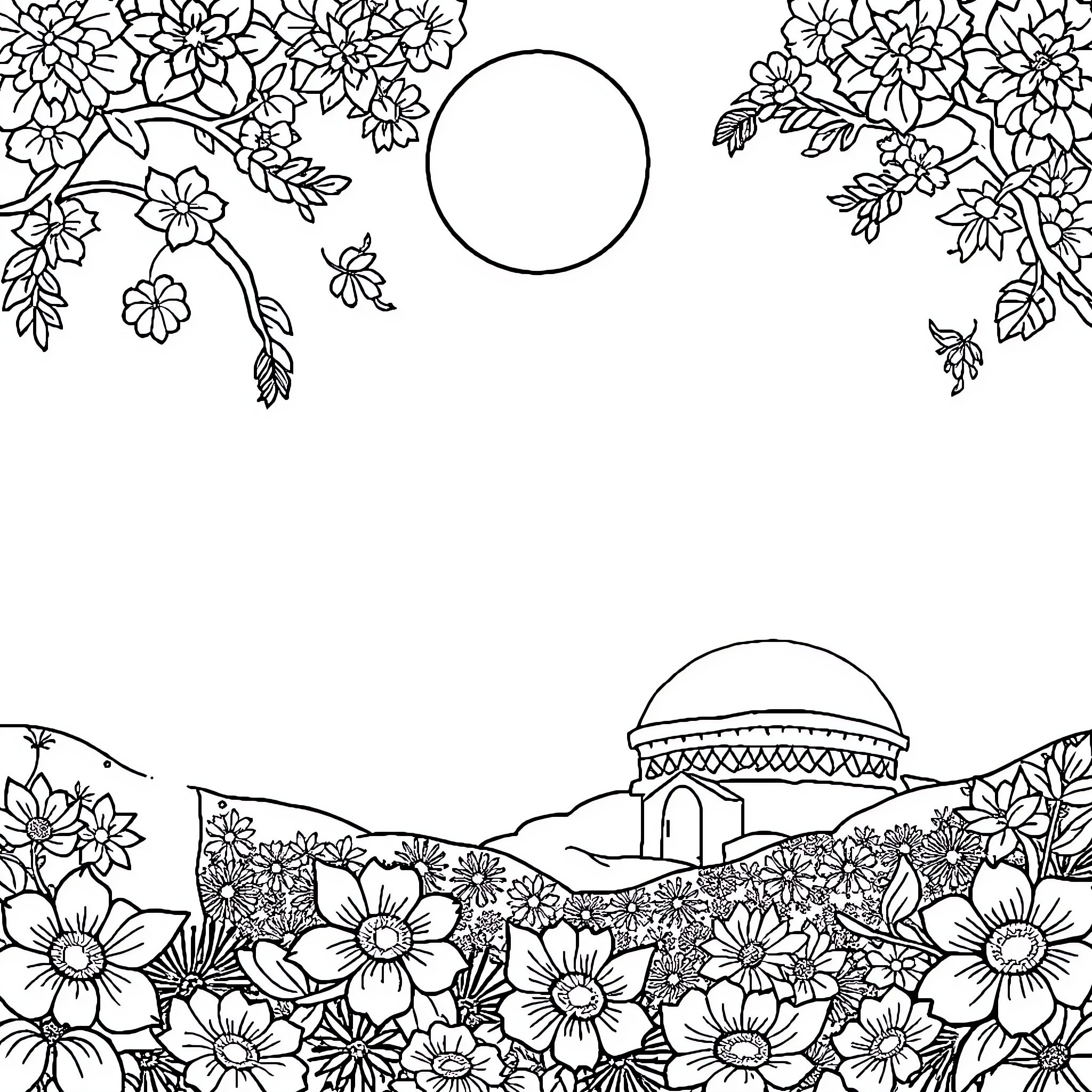 يوسف's Floral Wonderland Coloring Page (free black-and-white line drawing printable PDF for all, from beginners to advanced learners, including children, teens, adults, and seniors)