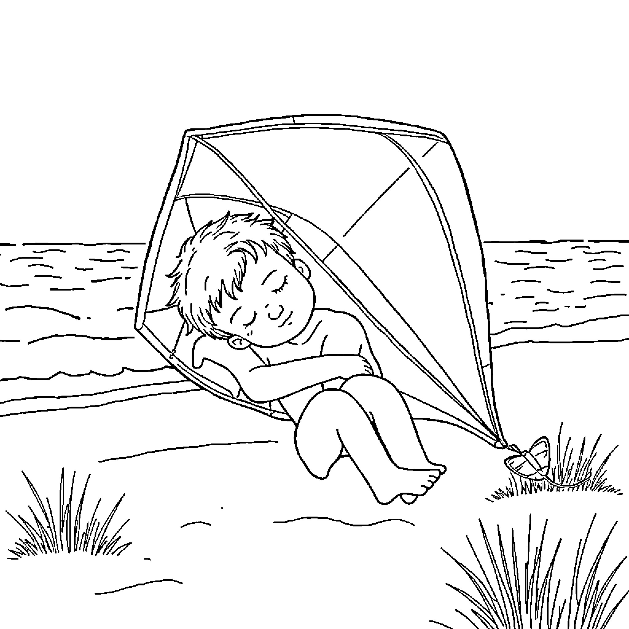 Boy relaxing in a beach tent Coloring Page (free black-and-white line drawing printable PDF for all, from beginners to advanced learners, including children, teens, adults, and seniors)