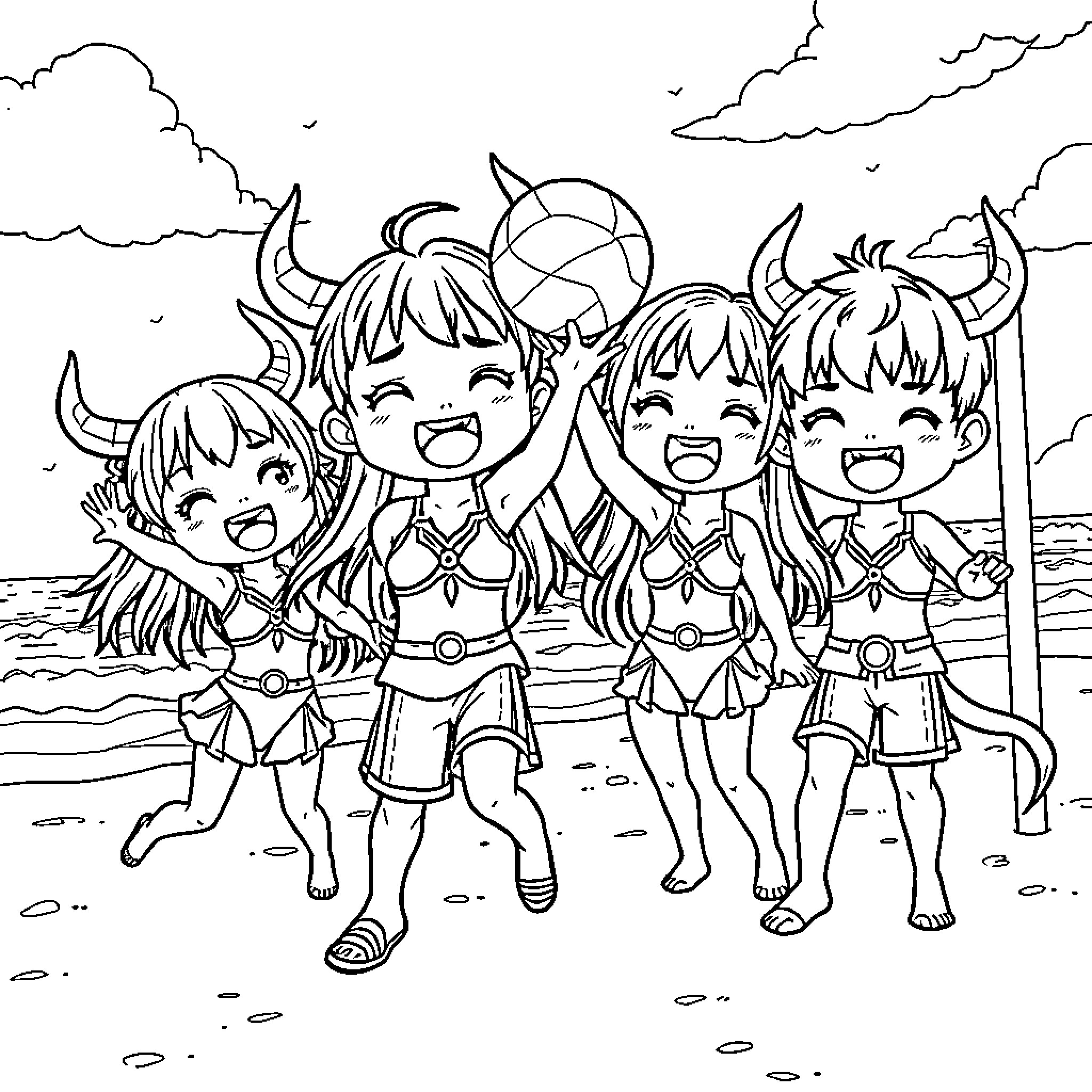 Demon Hunters Embracing in Joyful Camaraderie Coloring Page (free black-and-white line drawing printable PDF for all, from beginners to advanced learners, including children, teens, adults, and seniors)