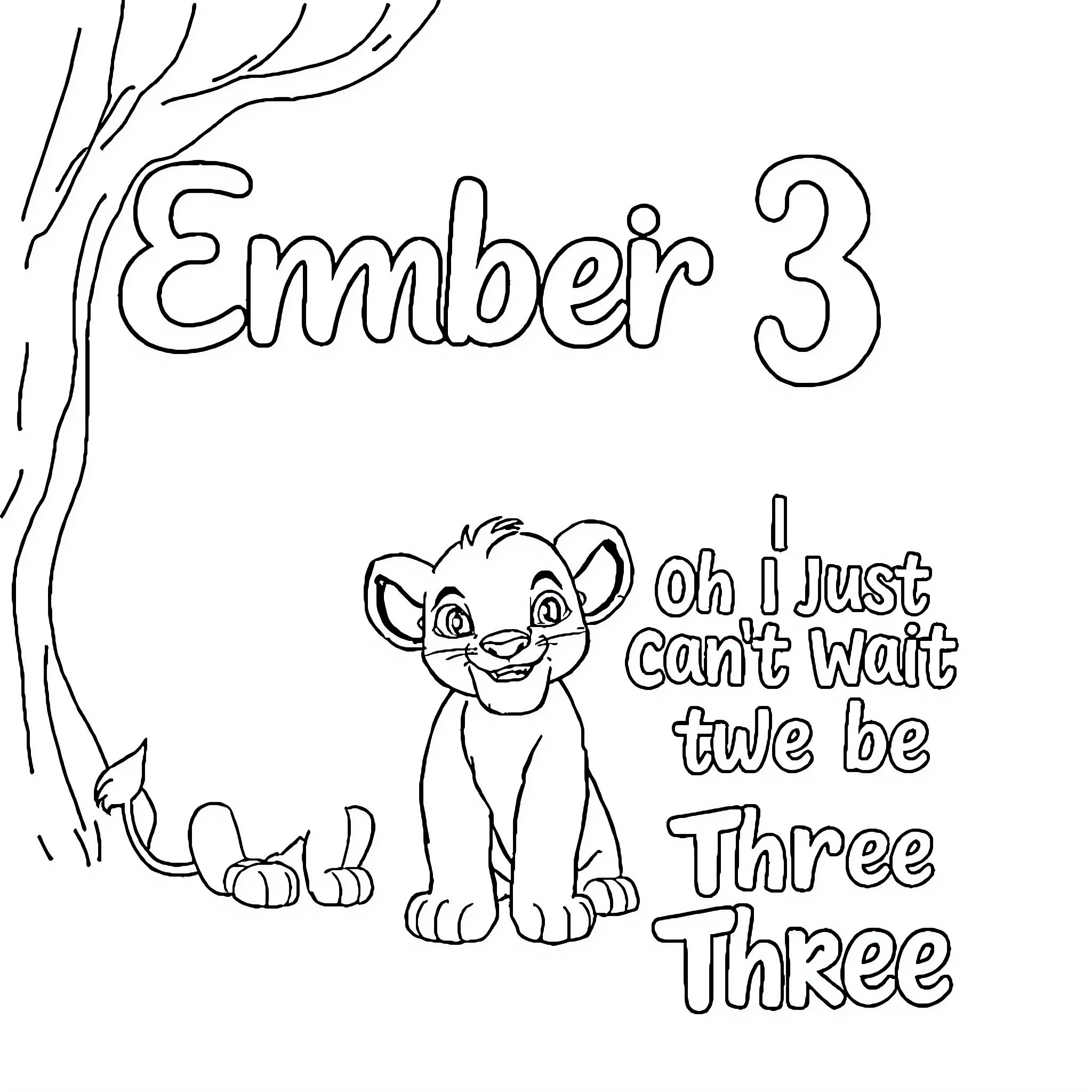 Lion cub eagerly anticipating its third birthday Coloring Page (free black-and-white line drawing printable PDF for all, from beginners to advanced learners, including children, teens, adults, and seniors)