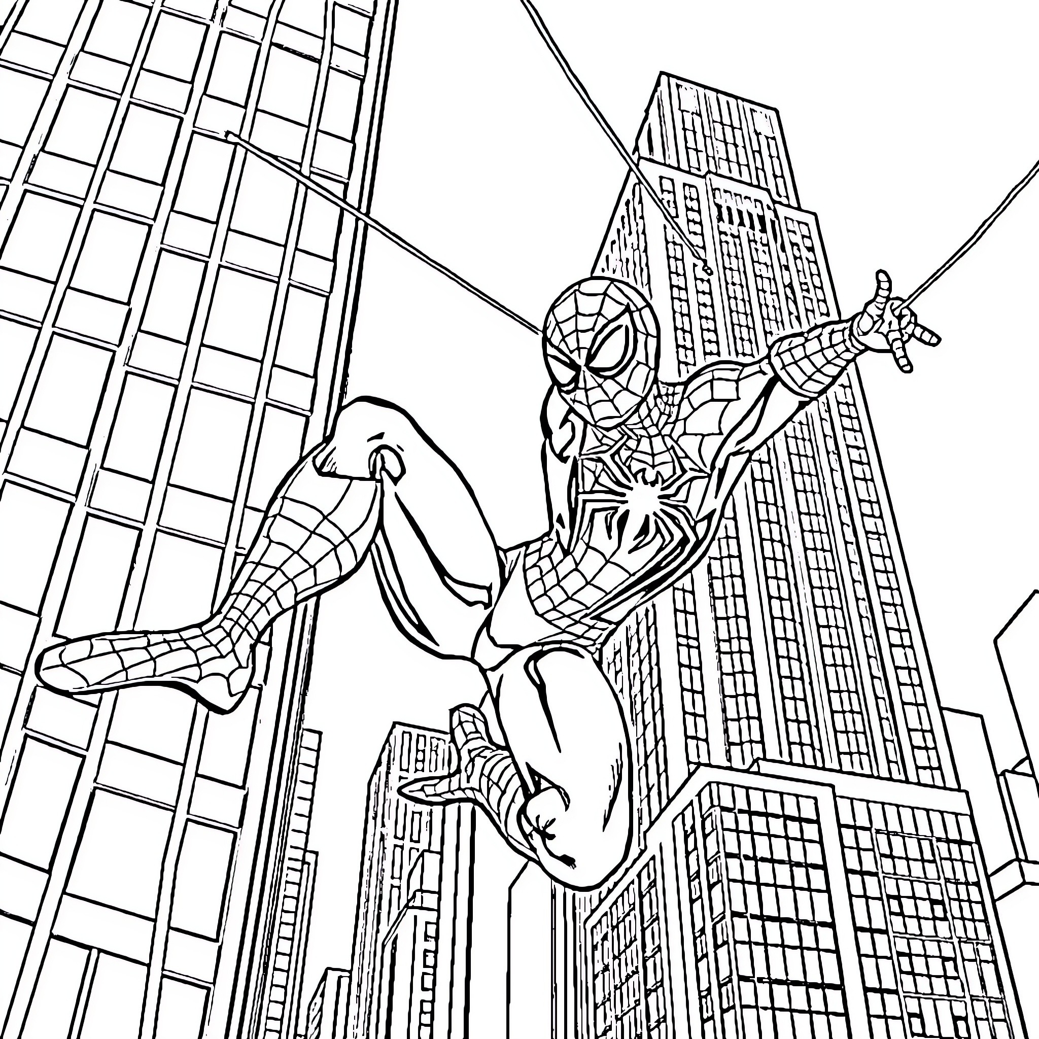 Spiderman swinging through the city skyline Coloring Page (free black-and-white line drawing printable PDF for all, from beginners to advanced learners, including children, teens, adults, and seniors)