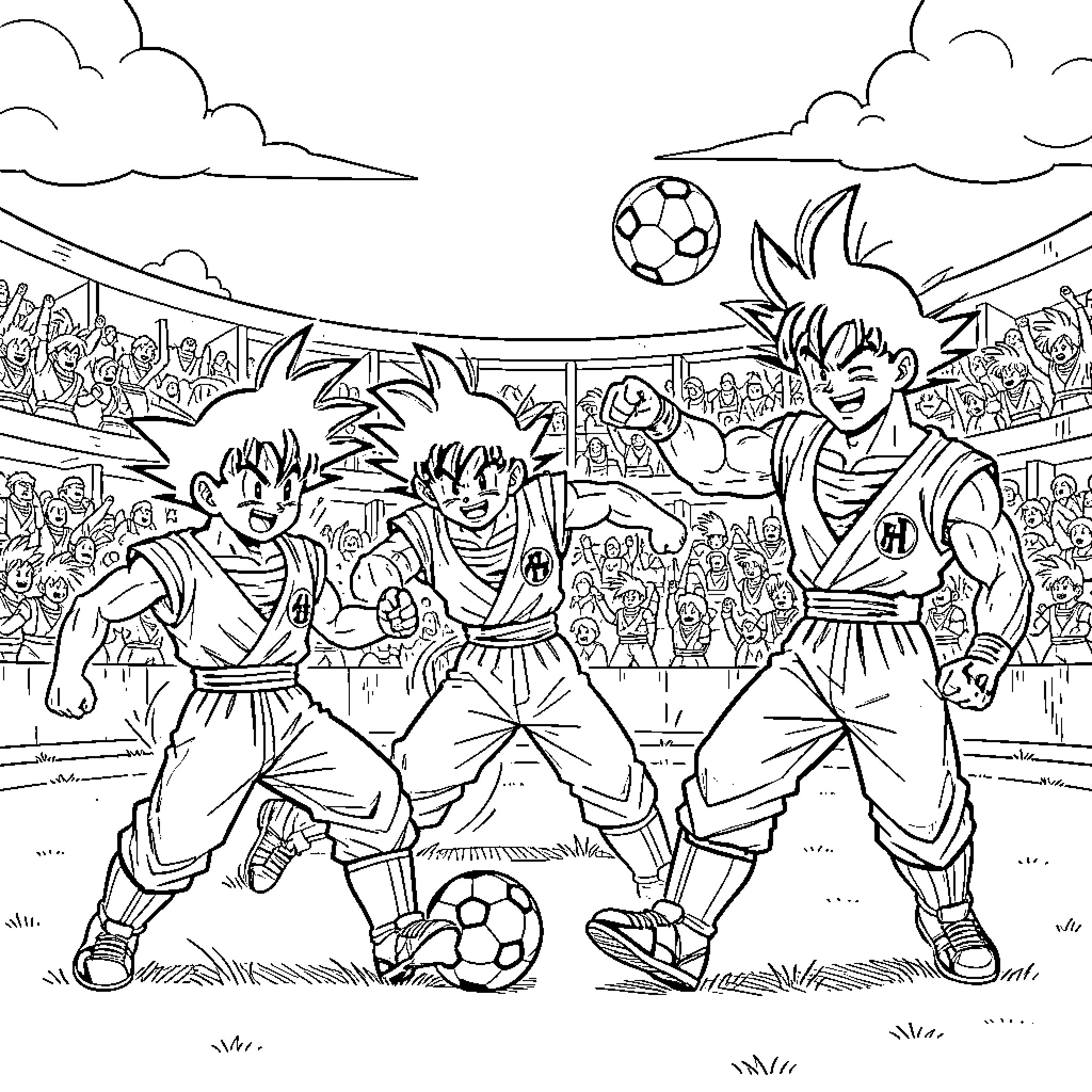 Dragon Ball Z characters playing soccer in a stadium Coloring Page (free black-and-white line drawing printable PDF for all, from beginners to advanced learners, including children, teens, adults, and seniors)