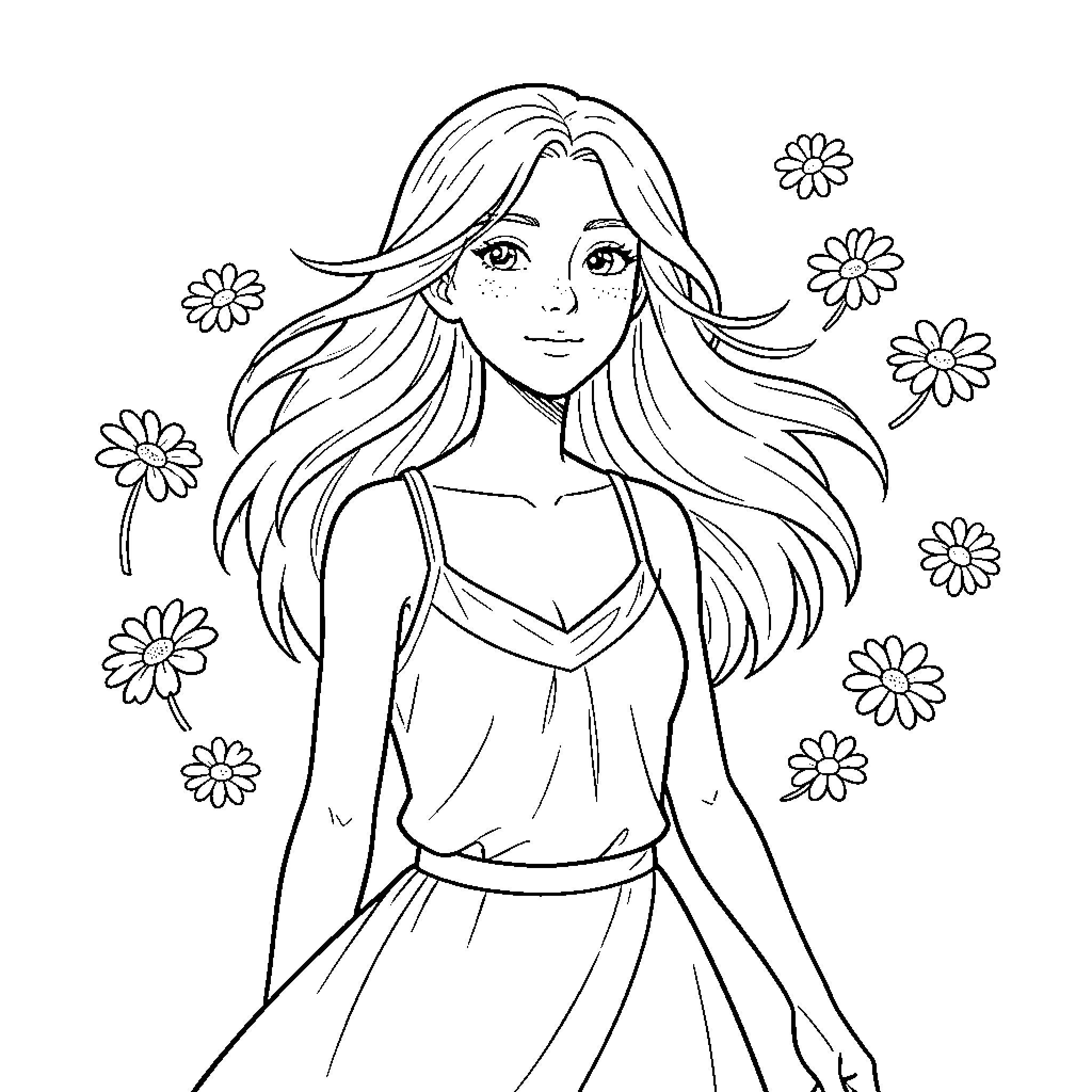 Amy smiling gracefully amidst floating daisies Coloring Page (free black-and-white line drawing printable PDF for all, from beginners to advanced learners, including children, teens, adults, and seniors)