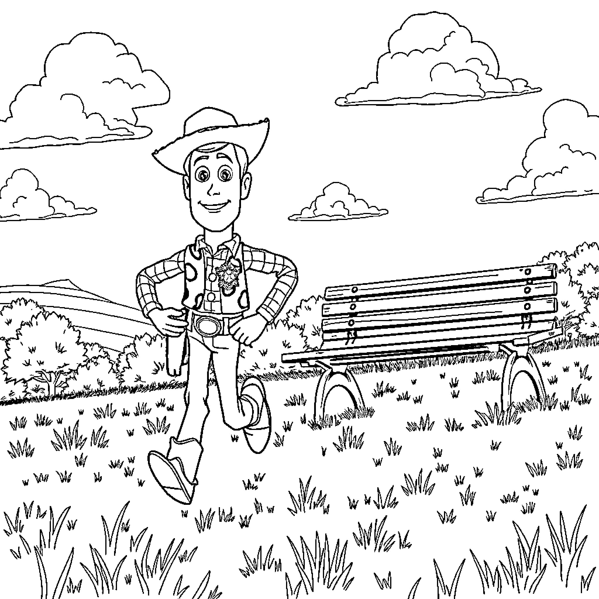 Woody's Joyful Outdoor Adventure Coloring Page (free black-and-white line drawing printable PDF for all, from beginners to advanced learners, including children, teens, adults, and seniors)