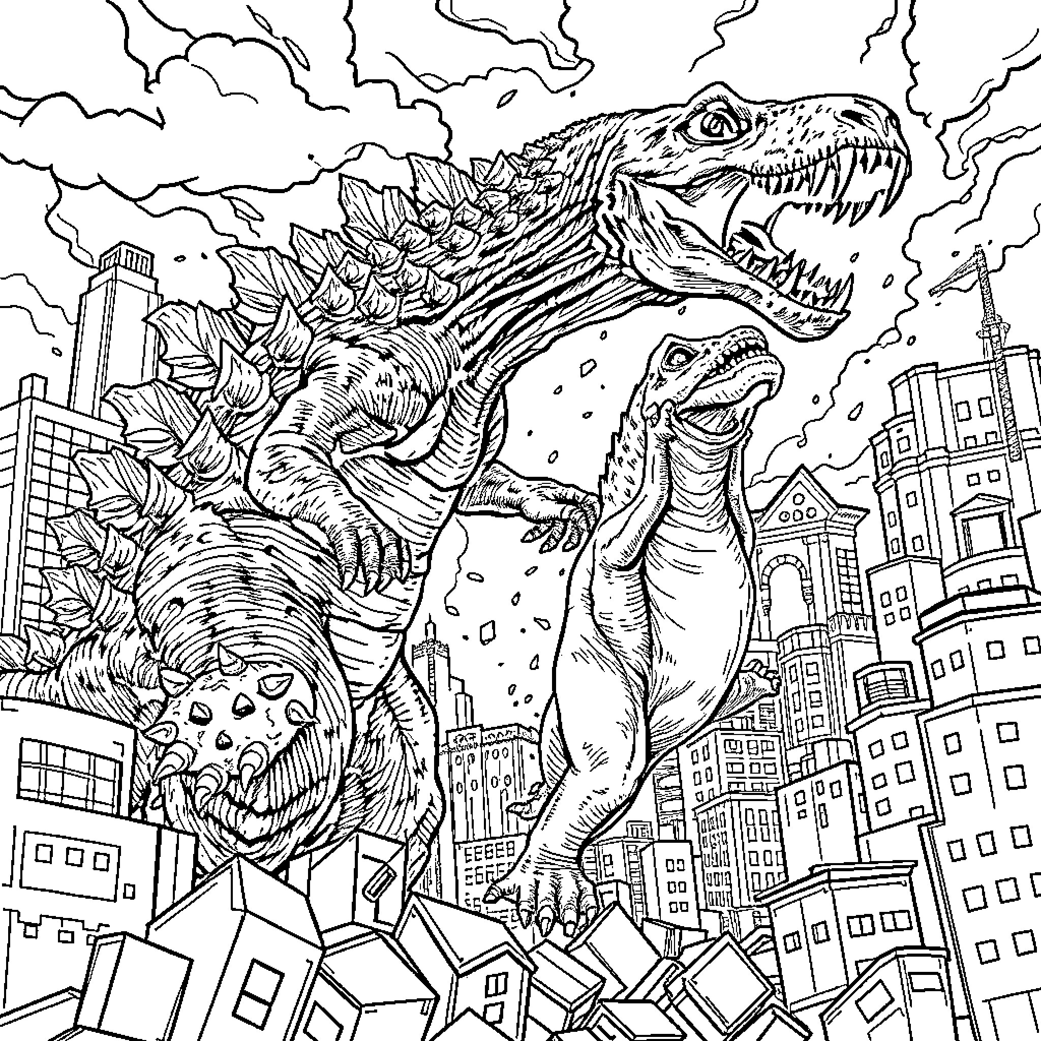 Godzilla's Rampage Through the Towering City Coloring Page (free black-and-white line drawing printable PDF for all, from beginners to advanced learners, including children, teens, adults, and seniors)