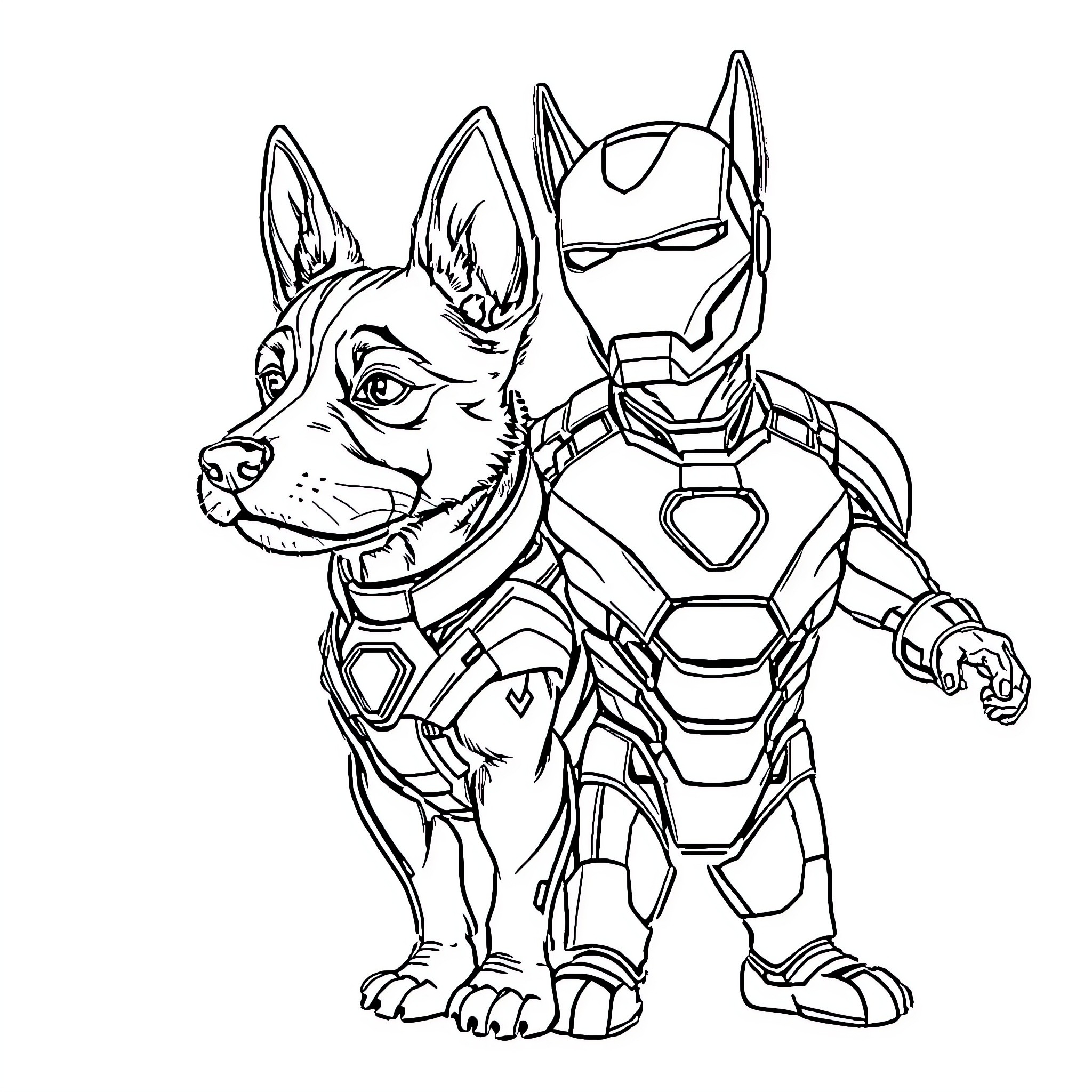 Dog in futuristic armor standing alert Coloring Page (free black-and-white line drawing printable PDF for all, from beginners to advanced learners, including children, teens, adults, and seniors)