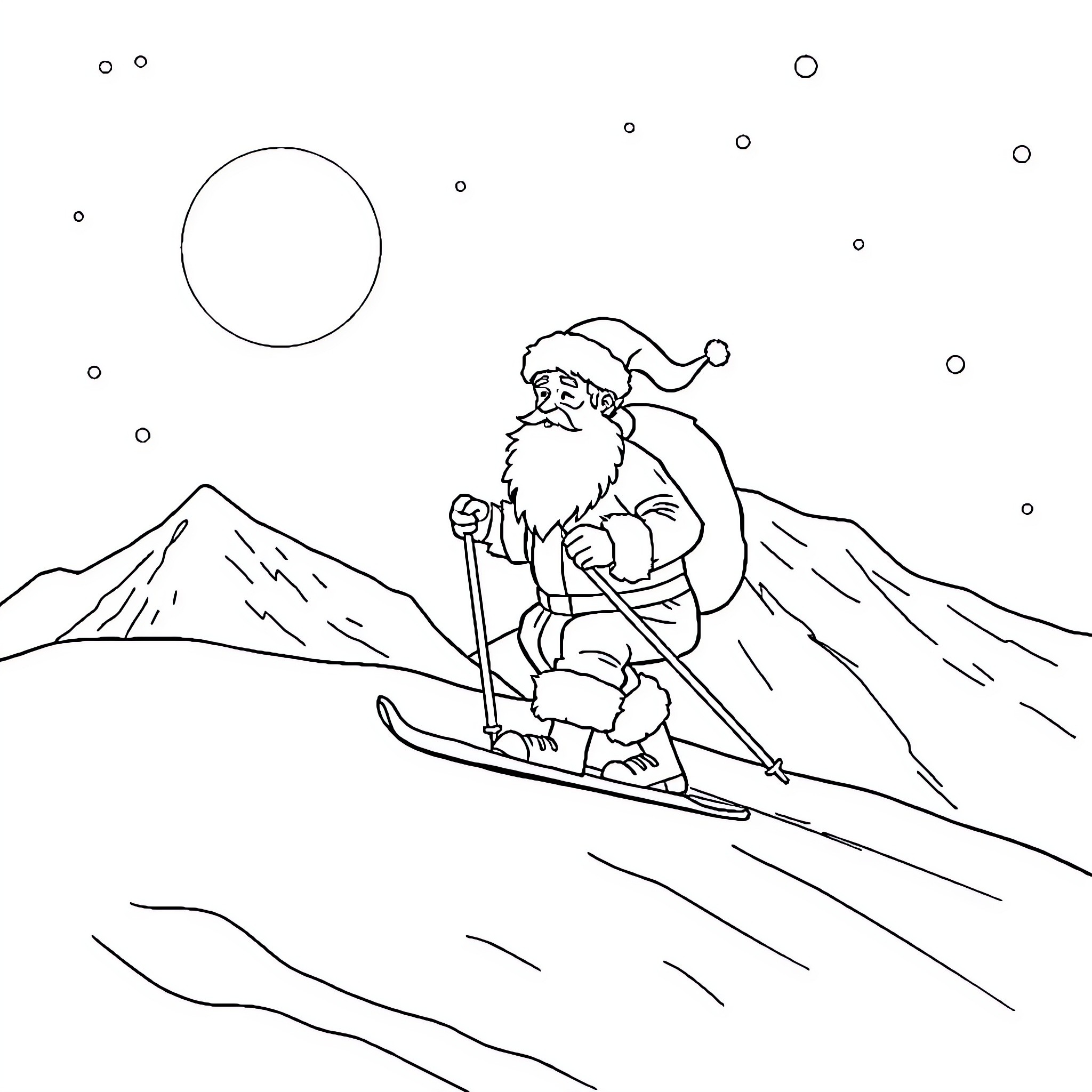 Père Noël skiing down snowy mountain Coloring Page (free black-and-white line drawing printable PDF for all, from beginners to advanced learners, including children, teens, adults, and seniors)