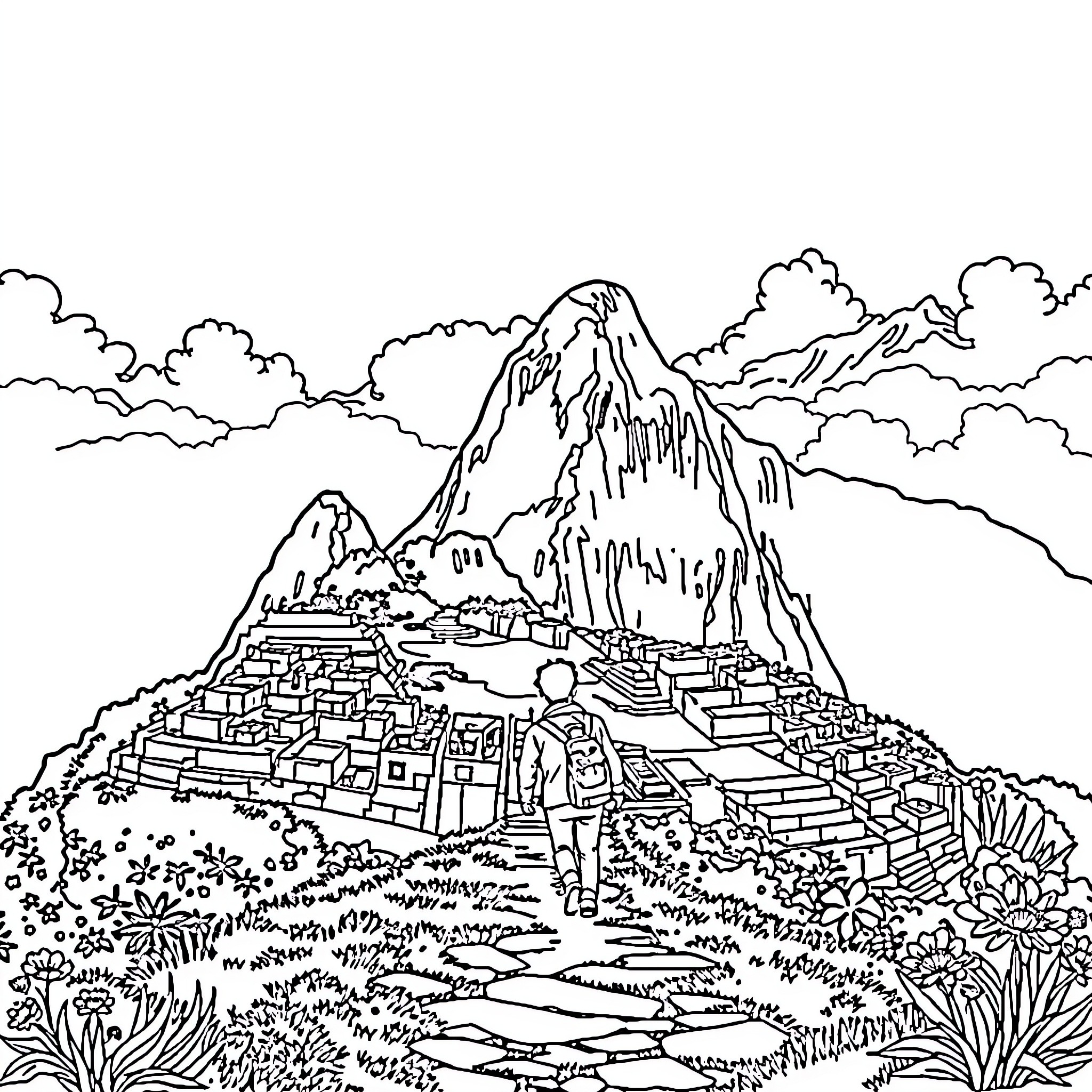 Sonik's Scenic Mountain Adventure Coloring Page (free black-and-white line drawing printable PDF for all, from beginners to advanced learners, including children, teens, adults, and seniors)