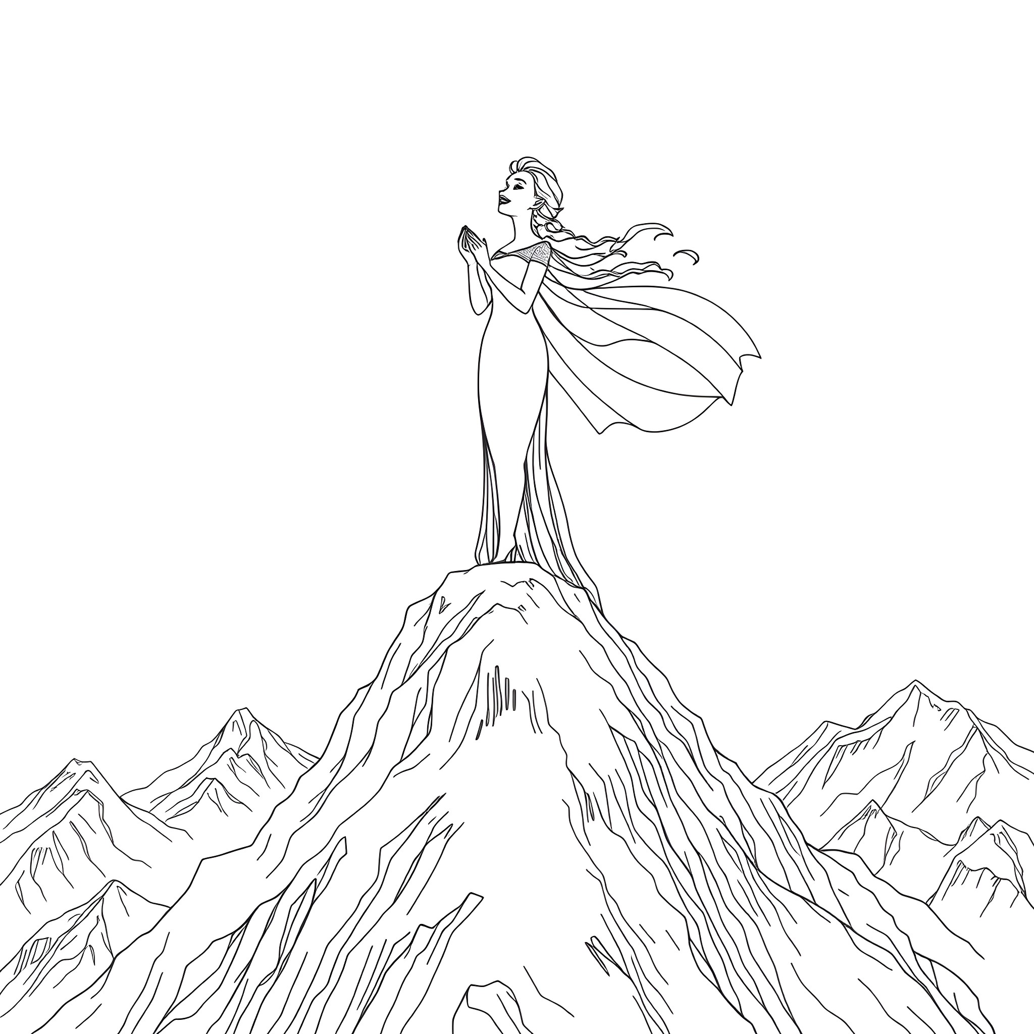 Elsa standing atop a snowy mountain Coloring Page (free black-and-white line drawing printable PDF for all, from beginners to advanced learners, including children, teens, adults, and seniors)