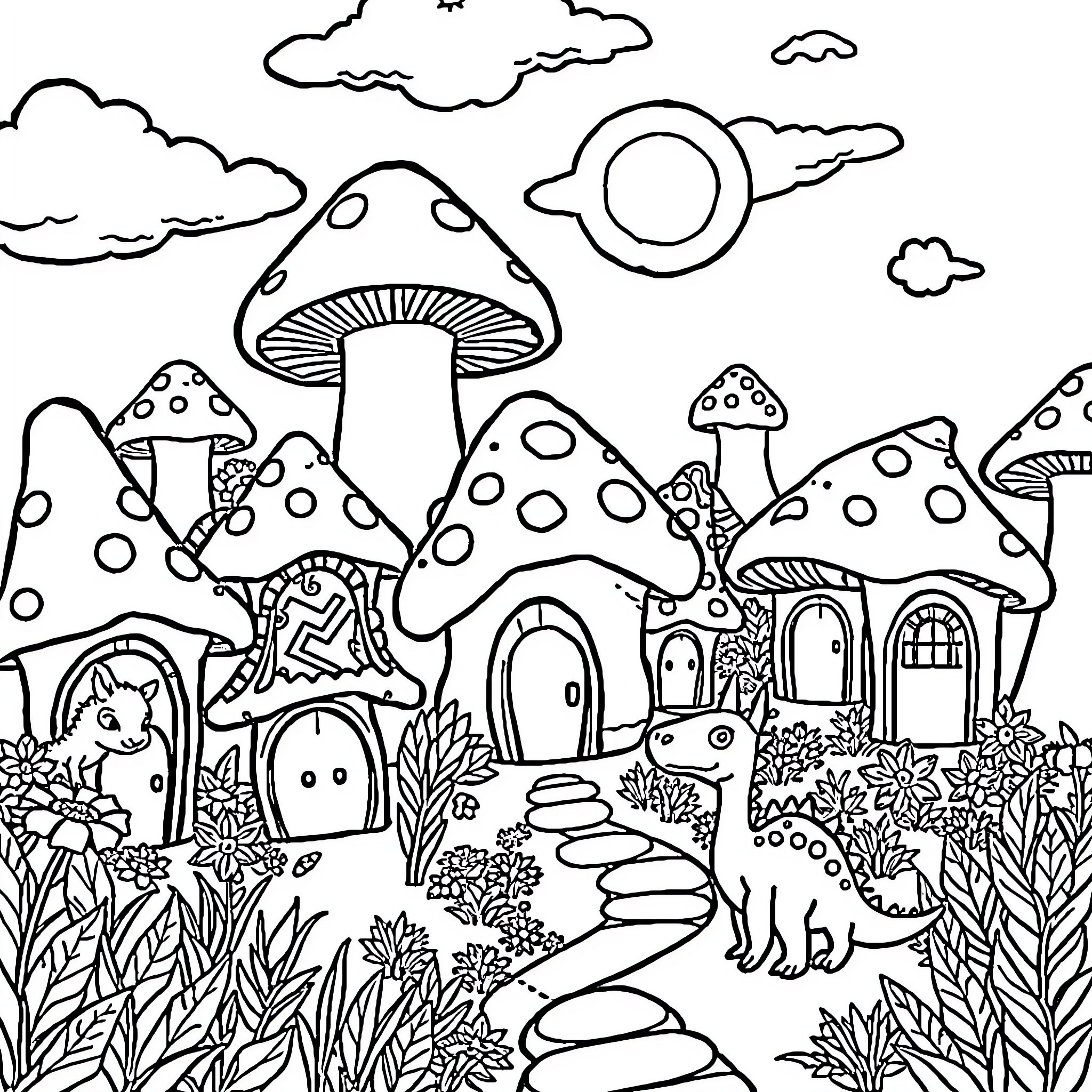 Dinosaur exploring a magical mushroom forest Coloring Page (free black-and-white line drawing printable PDF for all, from beginners to advanced learners, including children, teens, adults, and seniors)