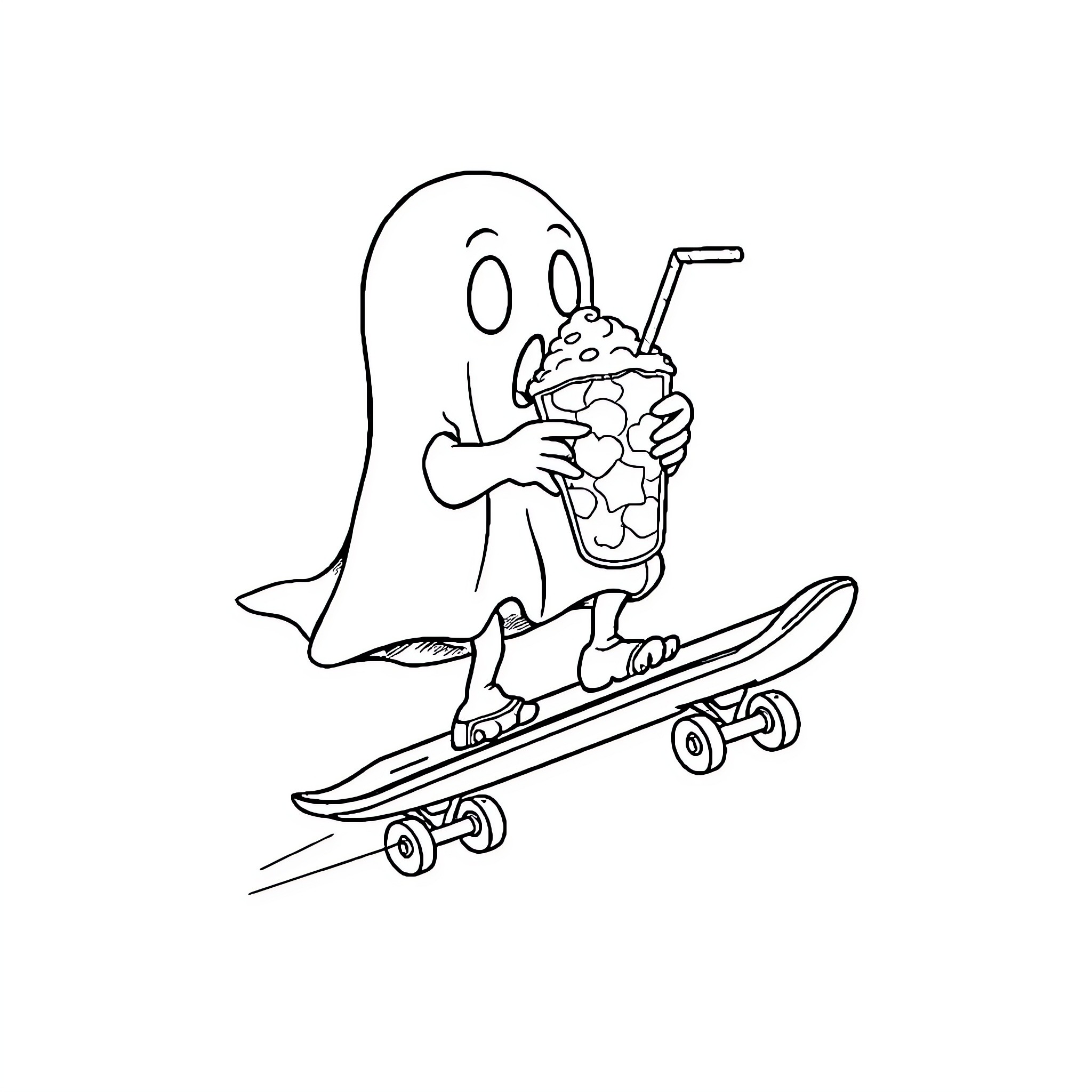 Ghost skateboarding with a frozen treat Coloring Page (free black-and-white line drawing printable PDF for all, from beginners to advanced learners, including children, teens, adults, and seniors)