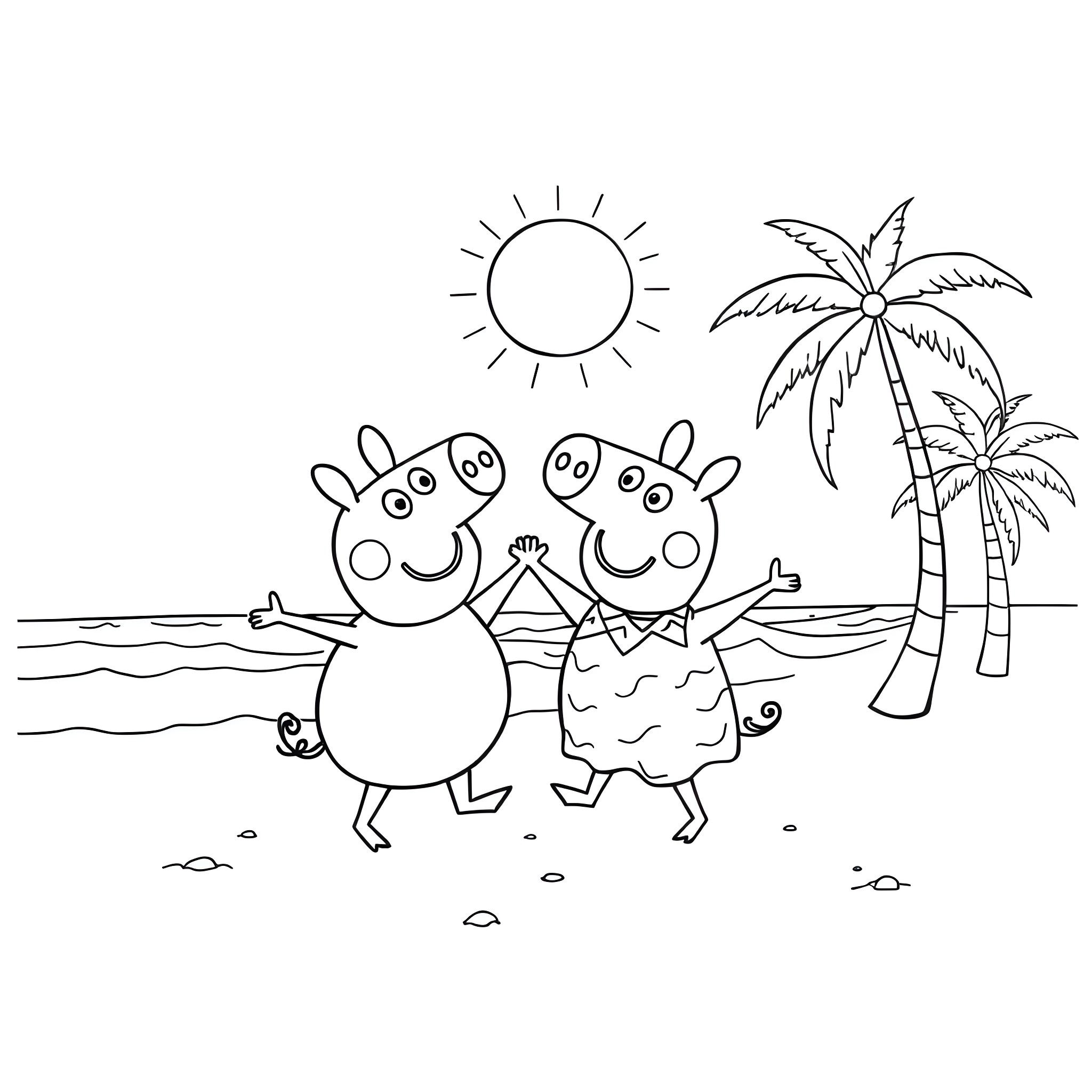 Pig friends enjoying a sunny beach day Coloring Page (free black-and-white line drawing printable PDF for all, from beginners to advanced learners, including children, teens, adults, and seniors)
