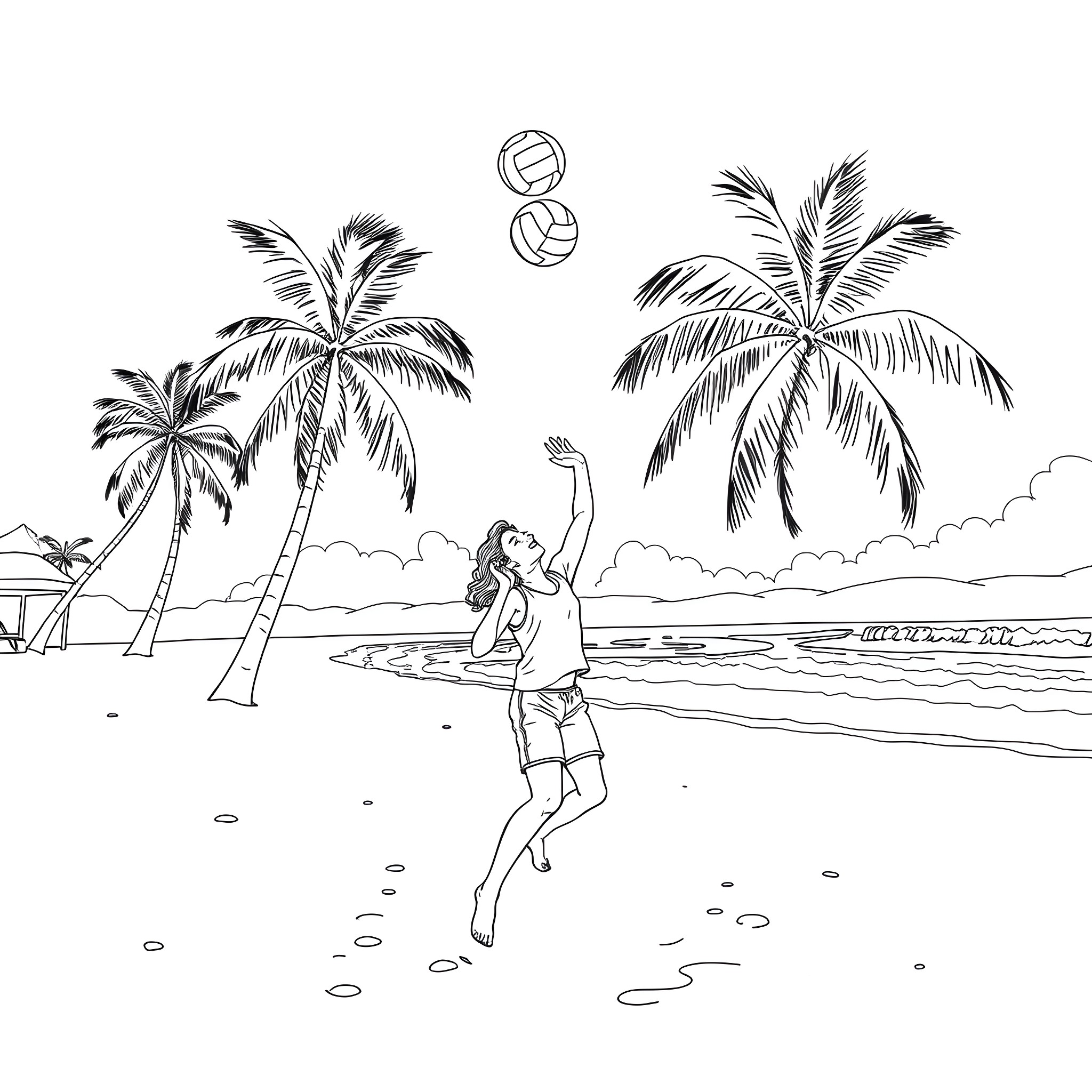Guy playing volleyball on a tropical beach Coloring Page (free black-and-white line drawing printable PDF for all, from beginners to advanced learners, including children, teens, adults, and seniors)