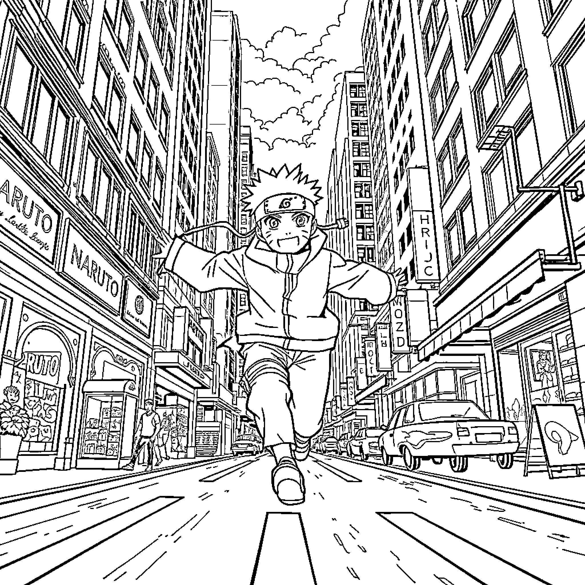 Naruto running through the bustling city streets Coloring Page (free black-and-white line drawing printable PDF for all, from beginners to advanced learners, including children, teens, adults, and seniors)
