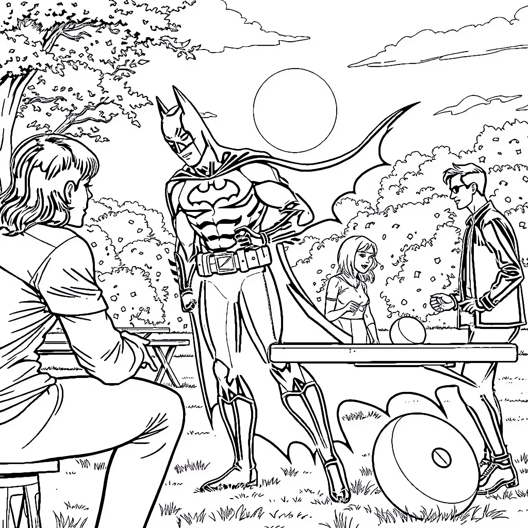 Batman's night patrol in the park with companions Coloring Page (free black-and-white line drawing printable PDF for all, from beginners to advanced learners, including children, teens, adults, and seniors)