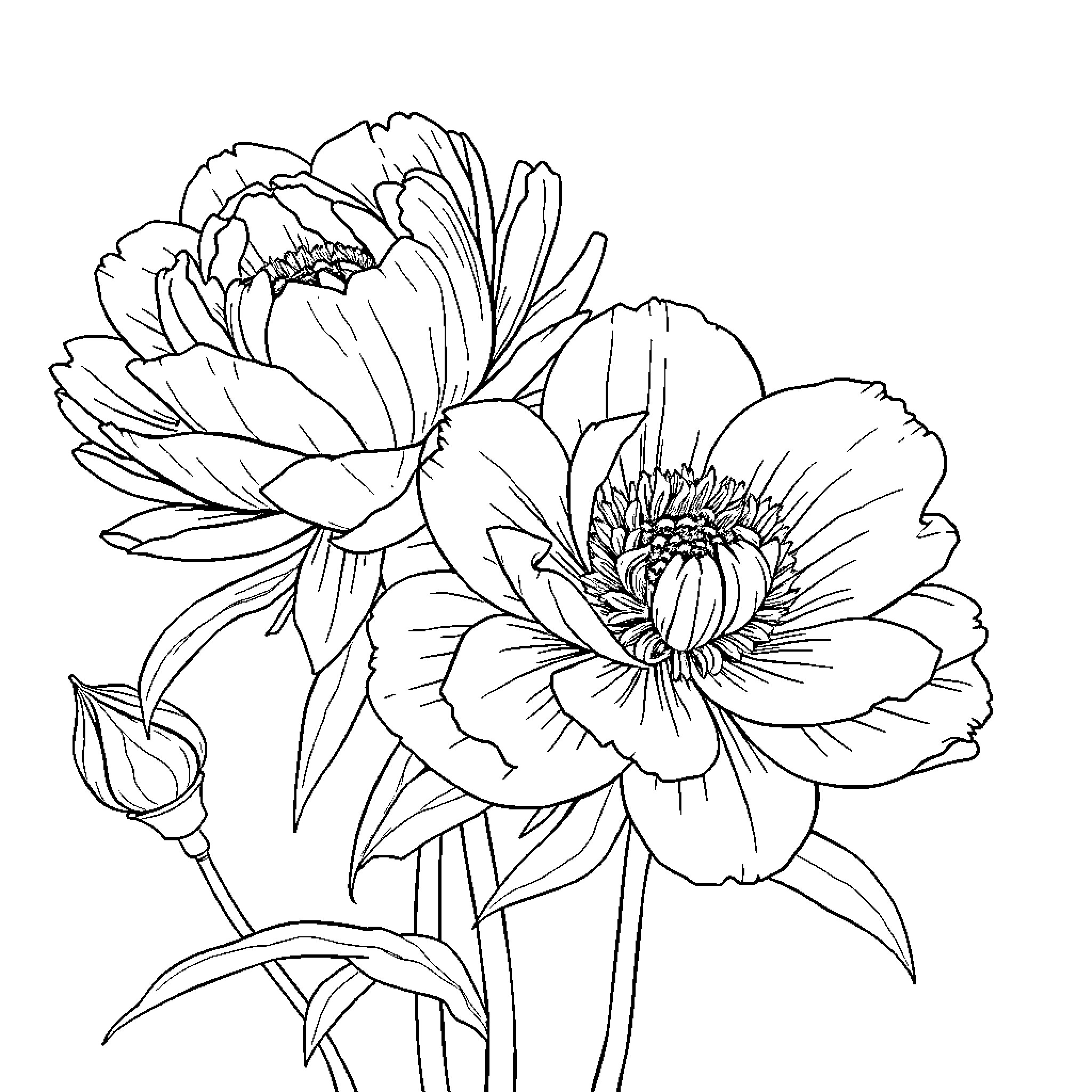 Peony Blossoms in Artistic Monochrome Coloring Page (free black-and-white line drawing printable PDF for all, from beginners to advanced learners, including children, teens, adults, and seniors)