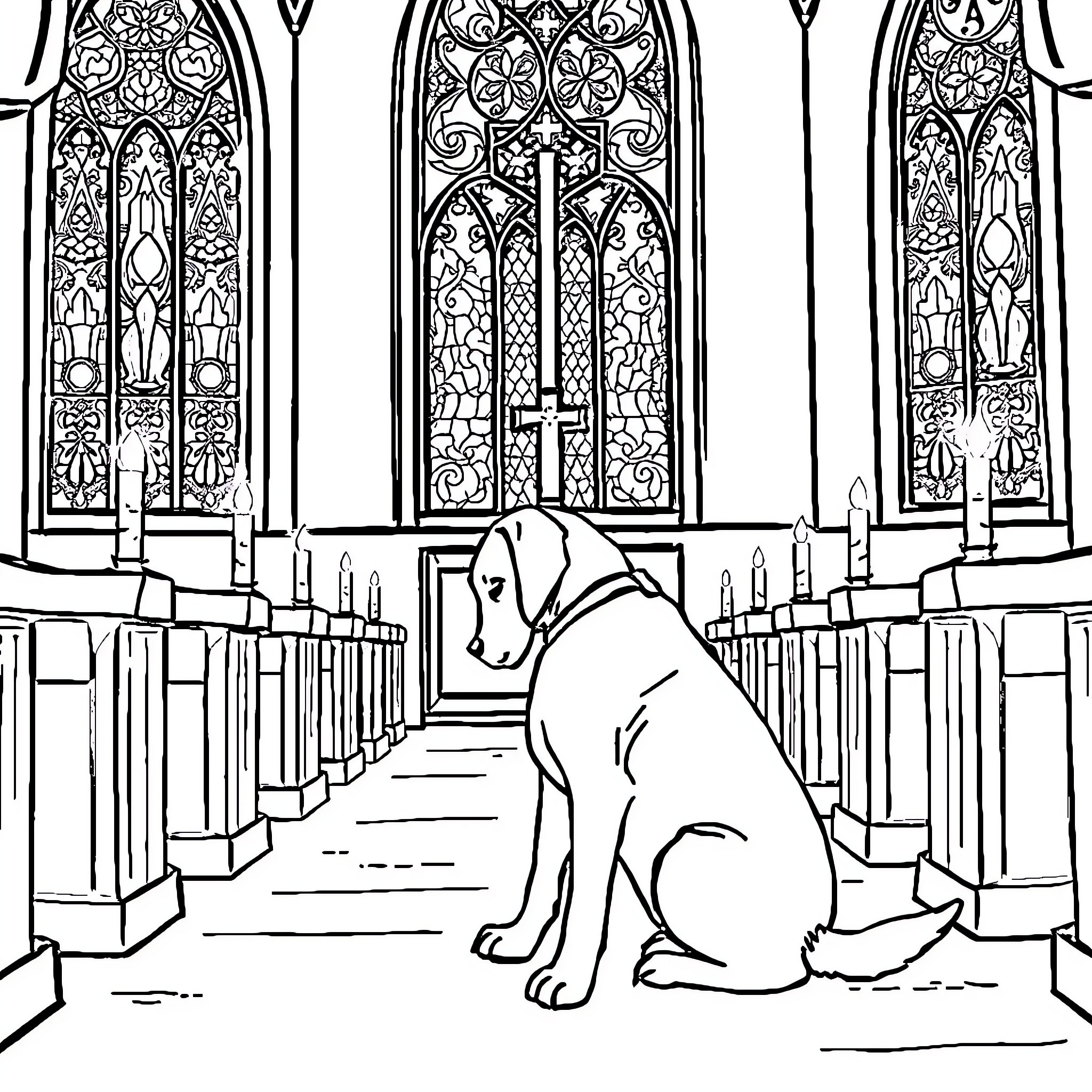 Dog sitting peacefully in church pews Coloring Page (free black-and-white line drawing printable PDF for all, from beginners to advanced learners, including children, teens, adults, and seniors)
