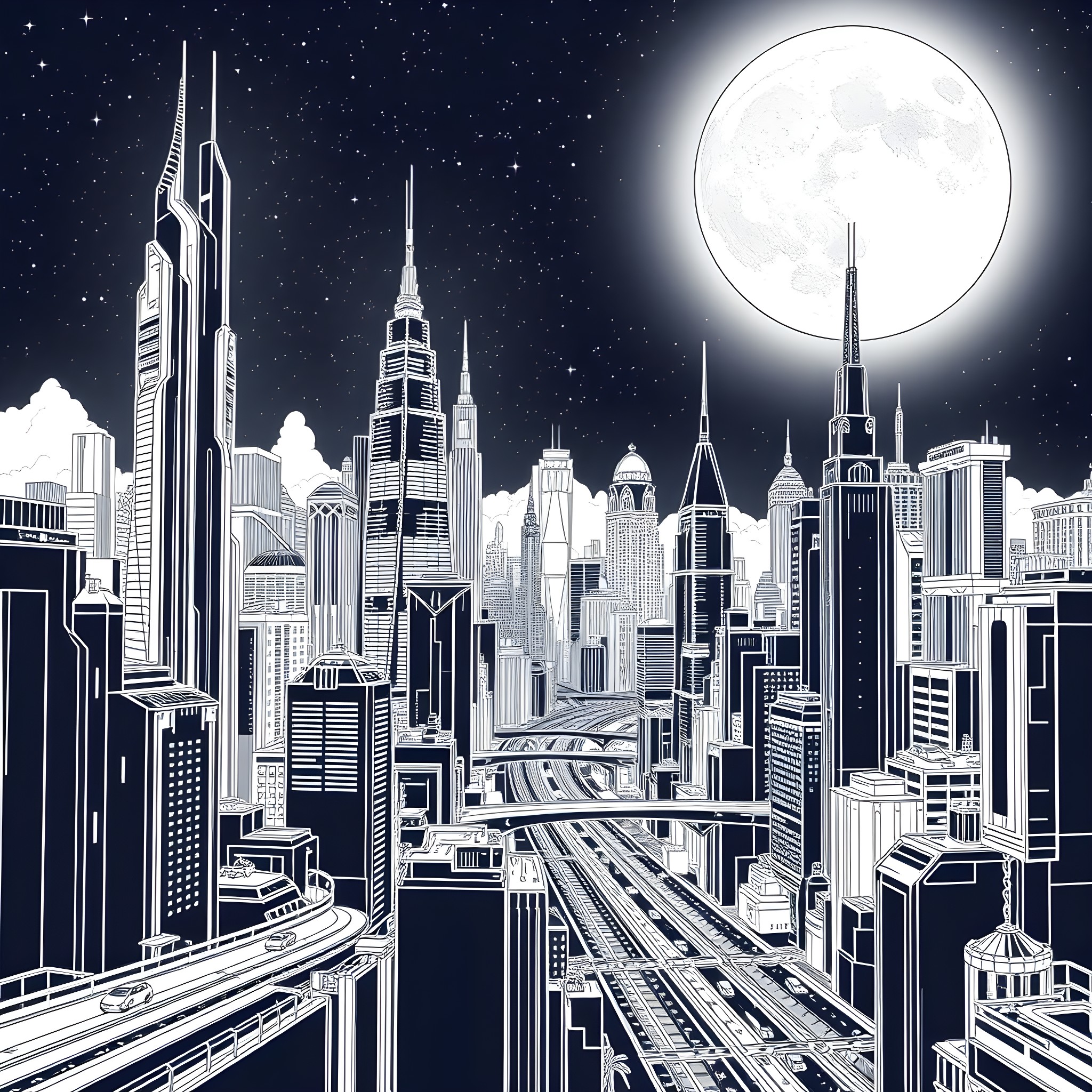 Moon over the Futuristic City Skyline Coloring Page (free black-and-white line drawing printable PDF for all, from beginners to advanced learners, including children, teens, adults, and seniors)