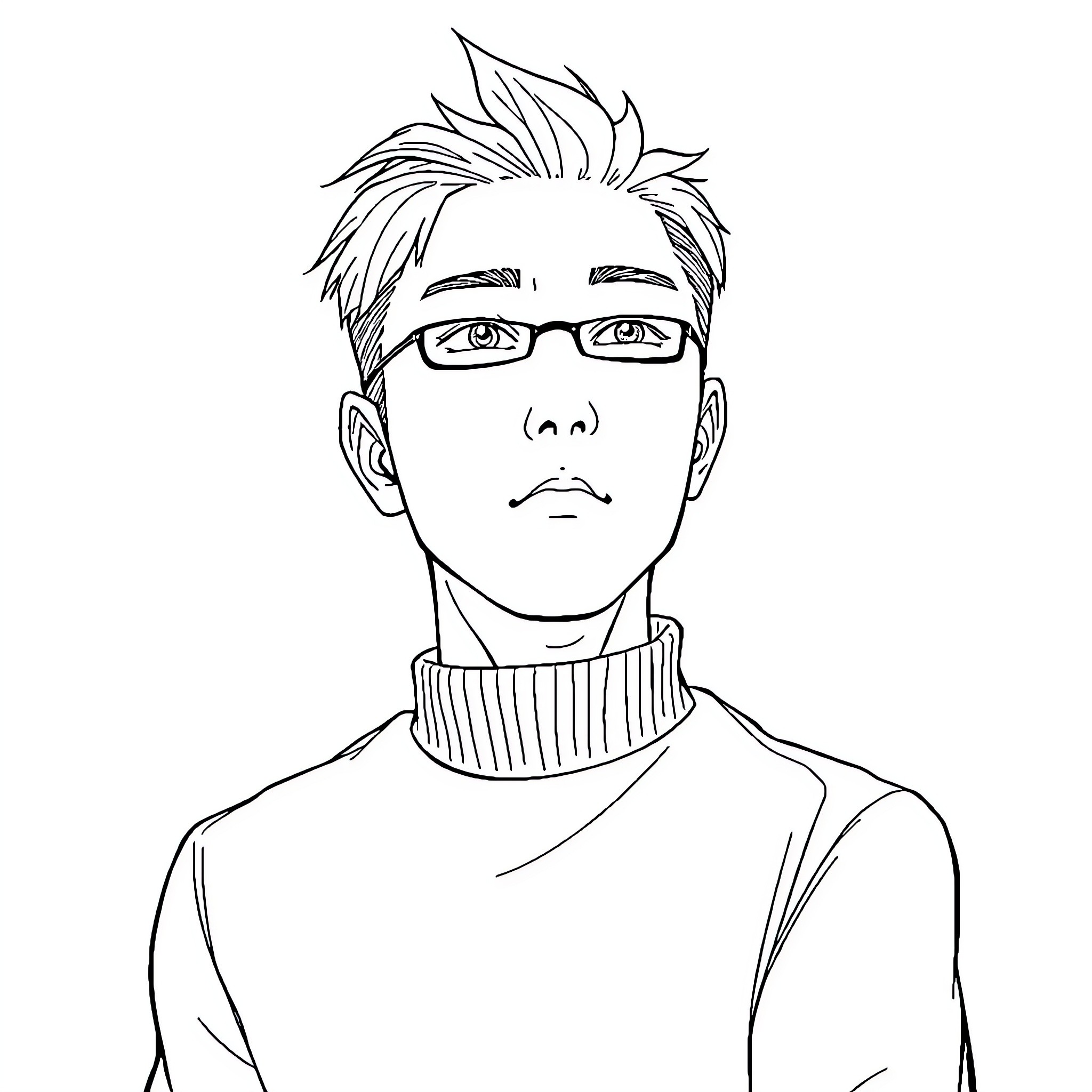Jin Woo's thoughtful expression with glasses Coloring Page (free black-and-white line drawing printable PDF for all, from beginners to advanced learners, including children, teens, adults, and seniors)